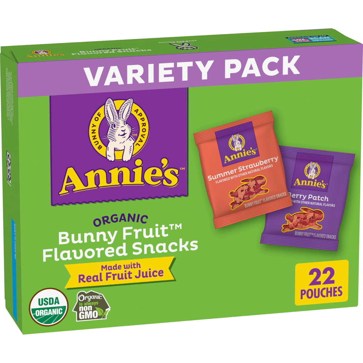 Annie's Homegrown Bunny Fruit Snacks packaging with colorful pouches for on-the-go snacking