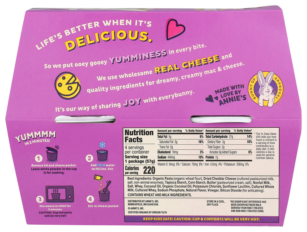 Annie's Homegrown mac and cheese white cheddar 4-pack ingredient closeup, real cheese flavors