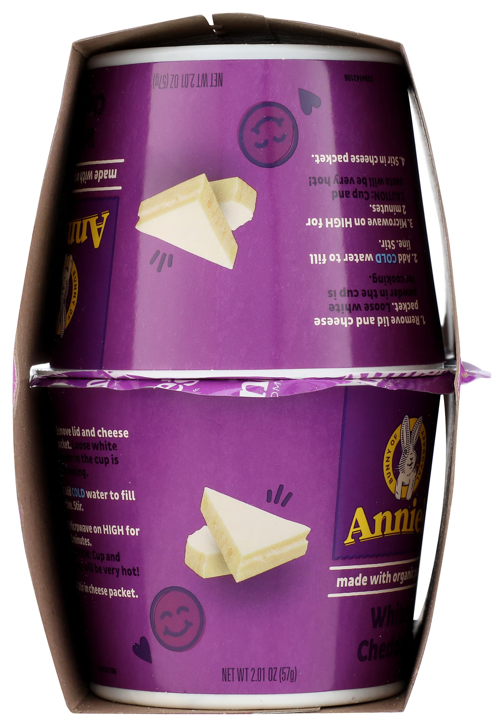 Nutrition label close-up of Annie's Mac and Cheese White Cheddar 4-pack