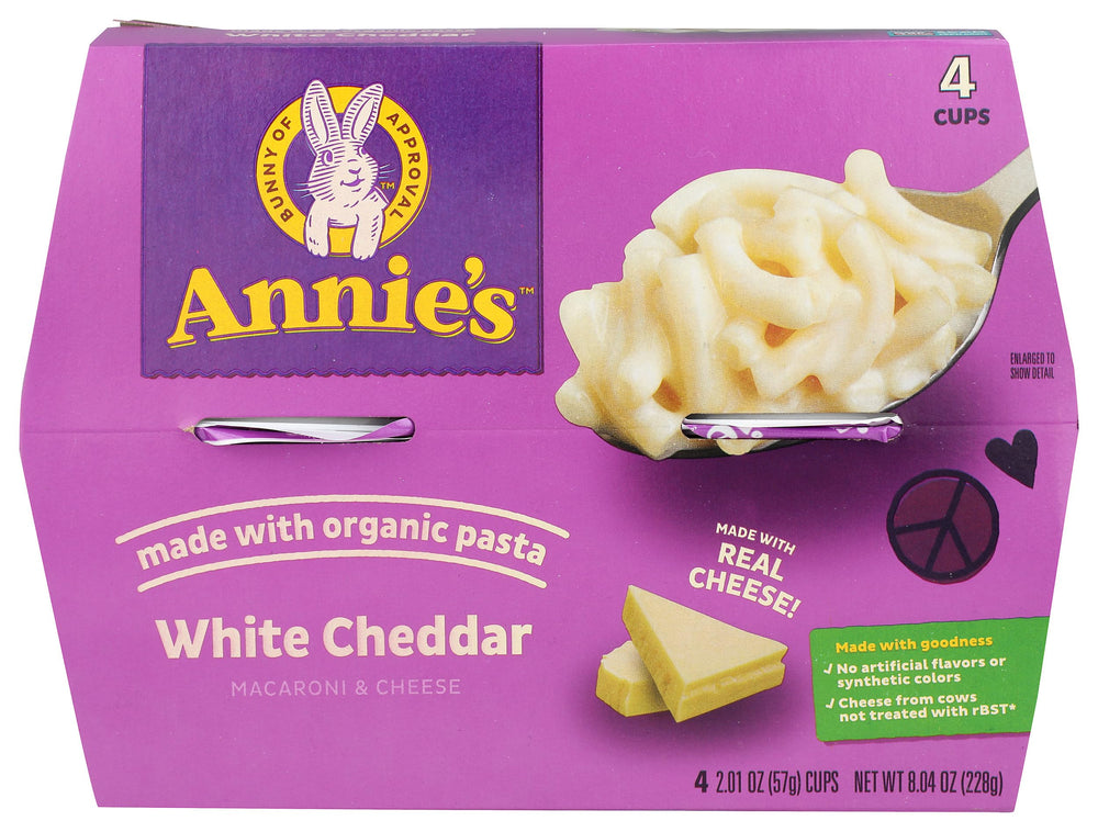 Annie's Homegrown mac and cheese white cheddar 4-pack pack shot, quick comforting meal