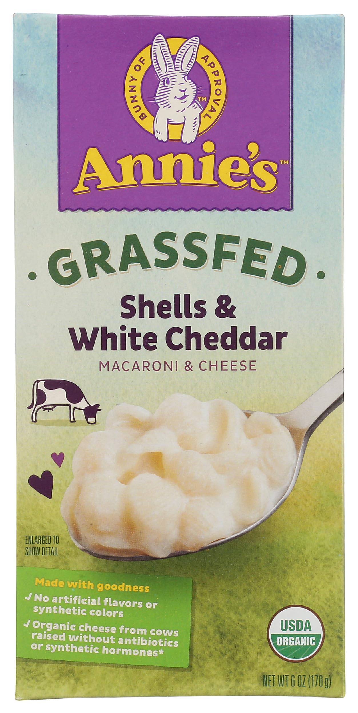 Annie's Homegrown macaroni shells with white cheddar in a 6 oz pack, ideal for quick weeknight meals.