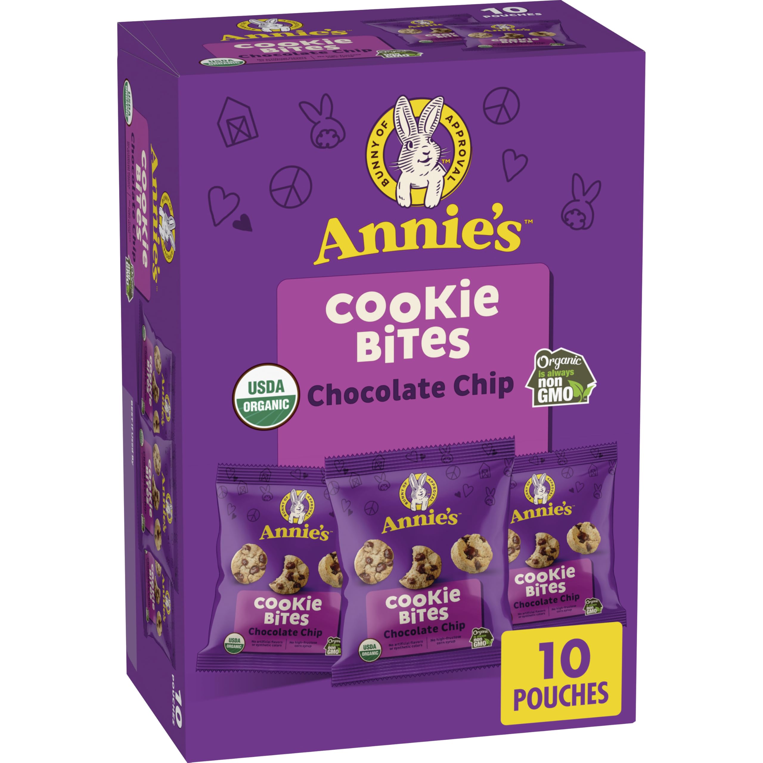 Annie's Homegrown Organic Chocolate Chip Cookie Bites box front, convenient packaging for lunches