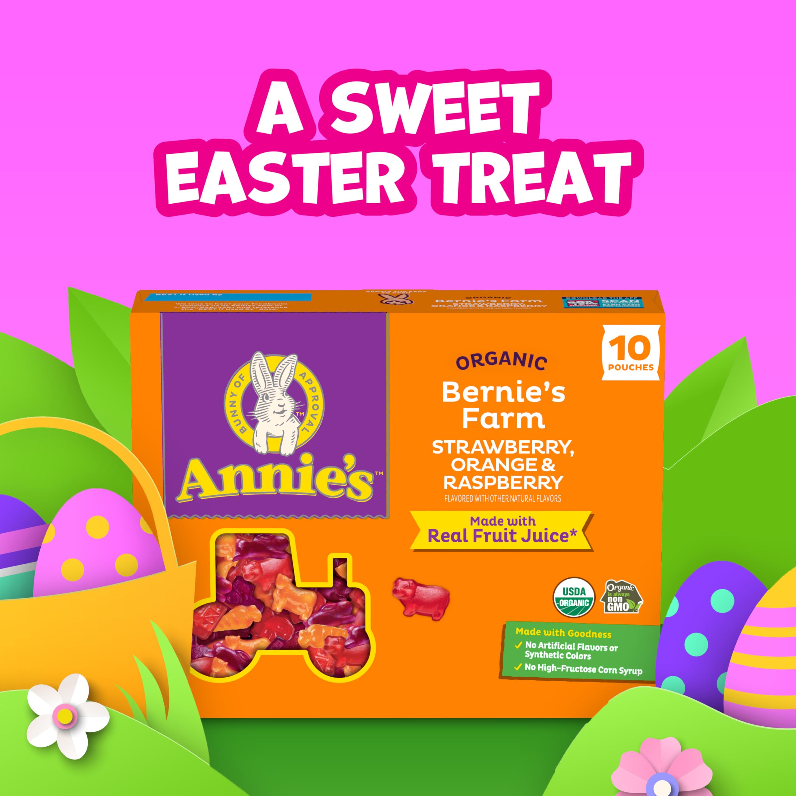 Annie's Organic Bernie's Farm raspberry-shaped gummies for kids' lunchboxes.