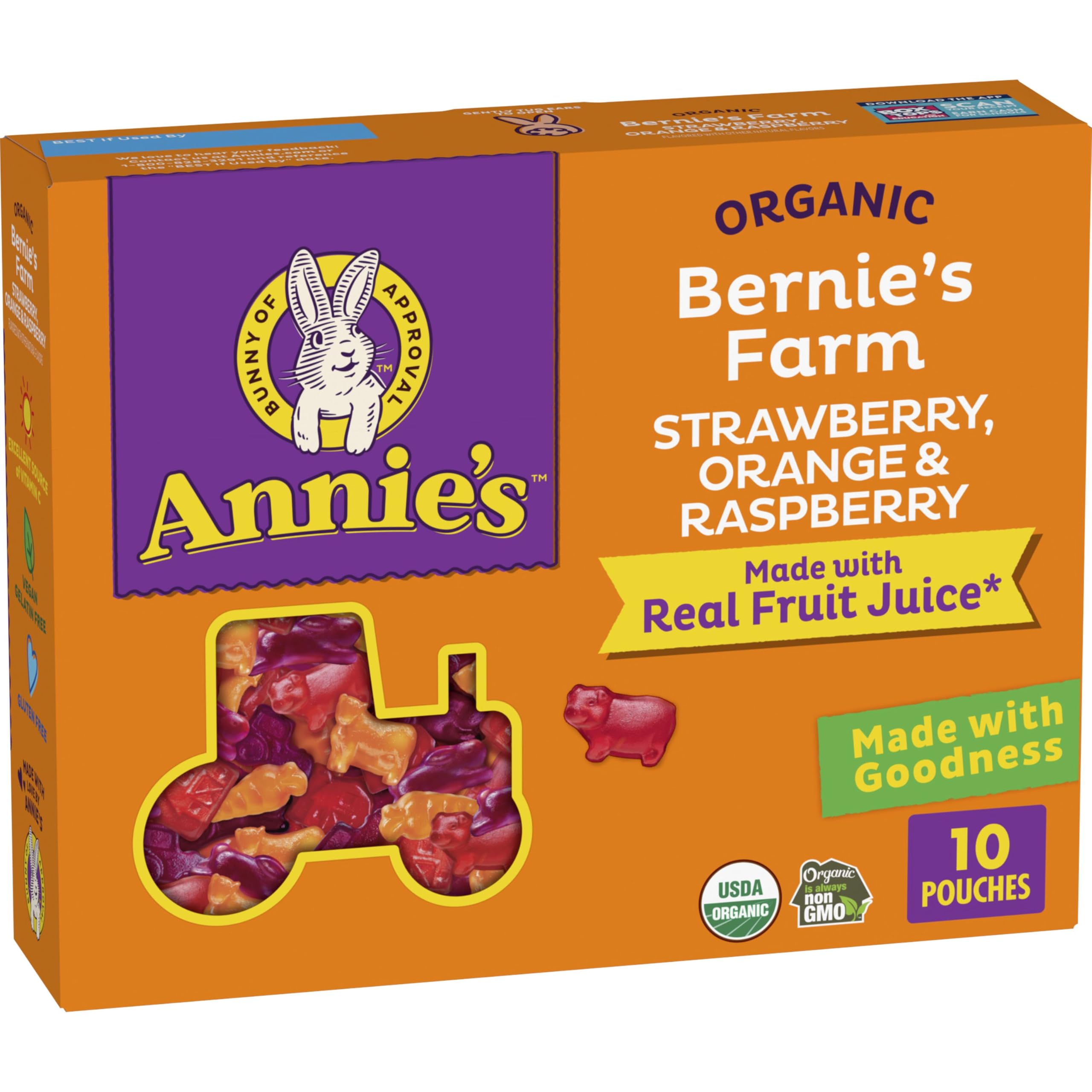 Annie's Organic Bernie's Farm strawberry-shaped gummies for on-the-go snacking.