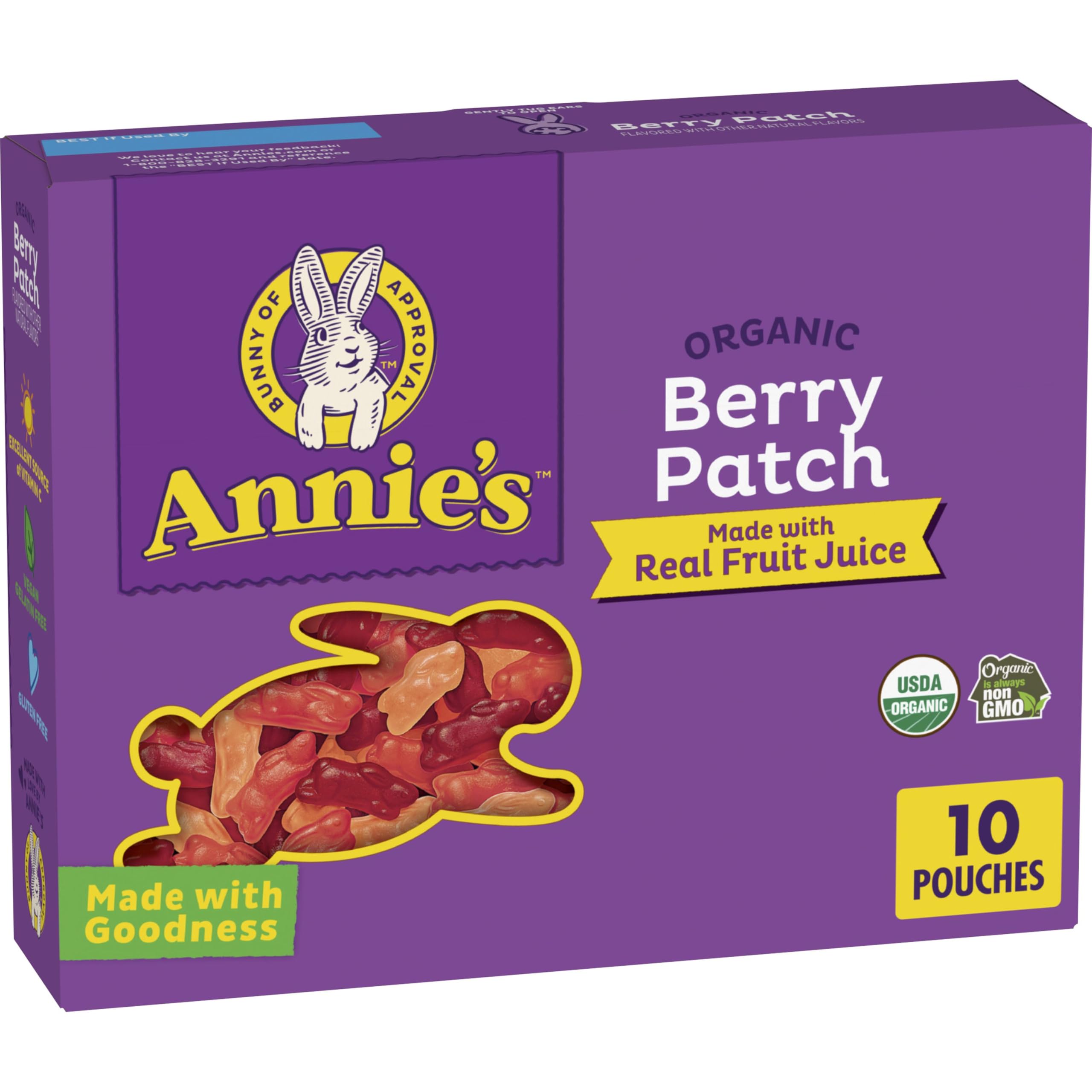 Annie's Berry Patch Bunny gummies box, vegan and gluten-free for on-the-go snacking