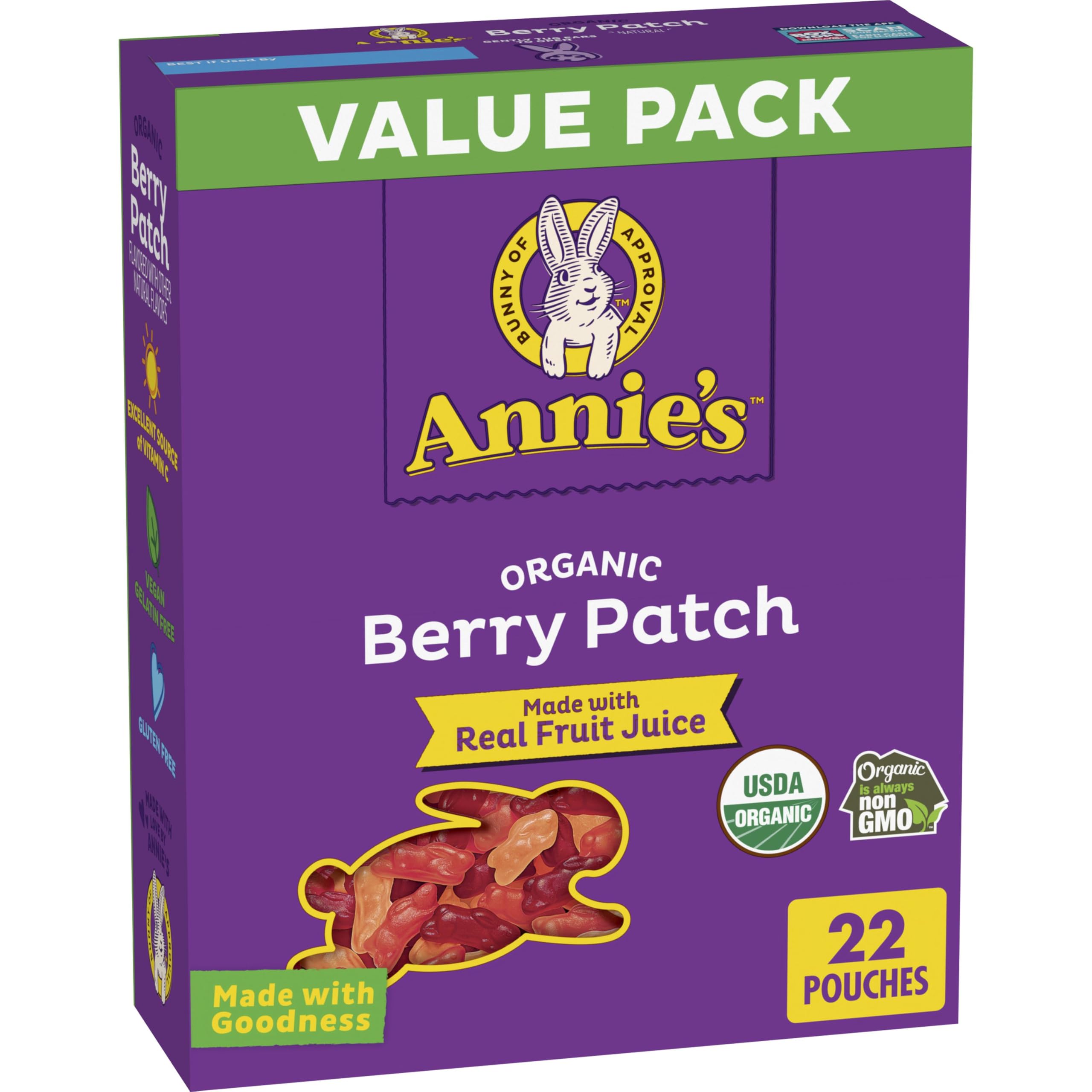 Annie's Organic Berry Patch Bunny snacks in a pouch; gluten-free and vegan.