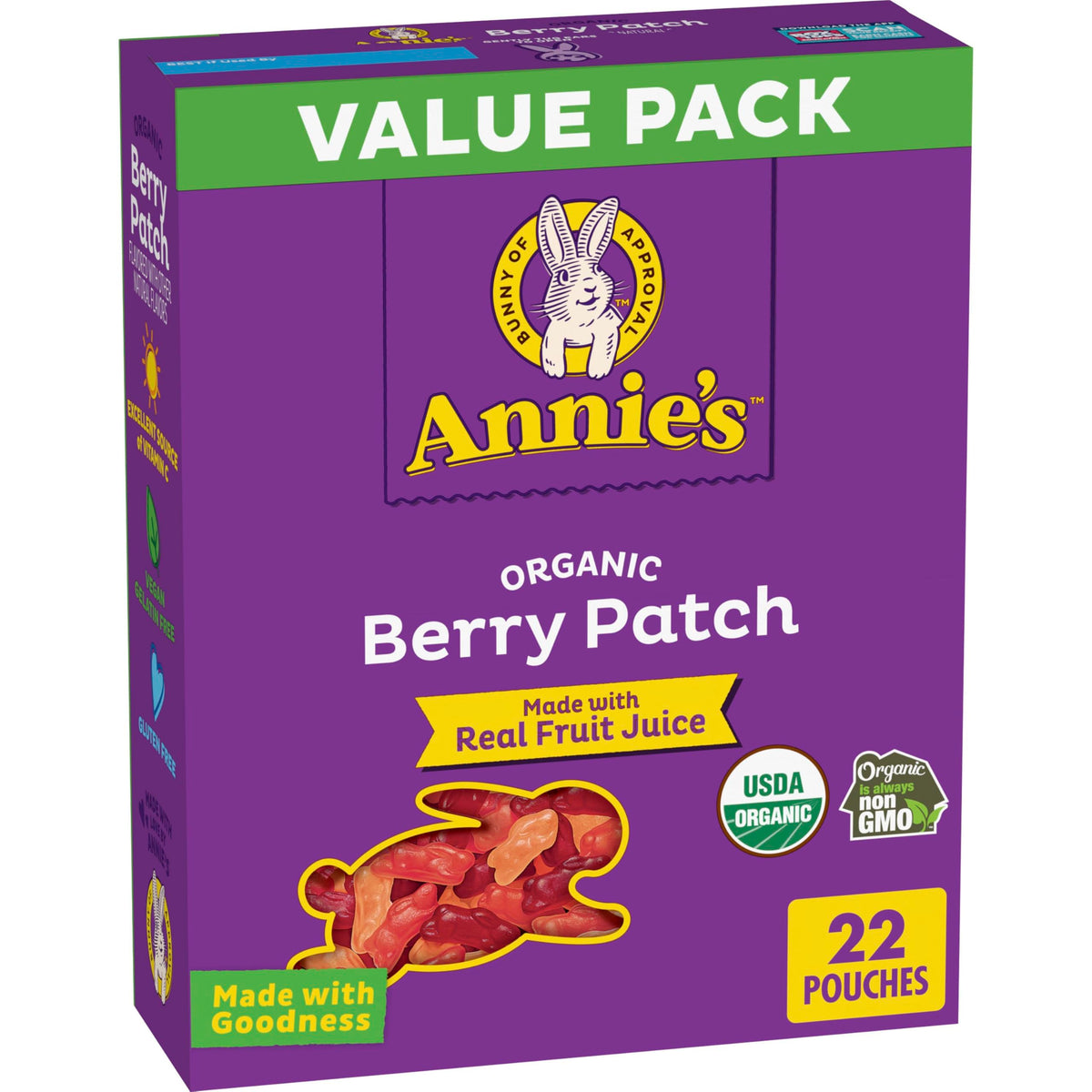 Annie's Organic Berry Patch Bunny snacks in a pouch; gluten-free and vegan.