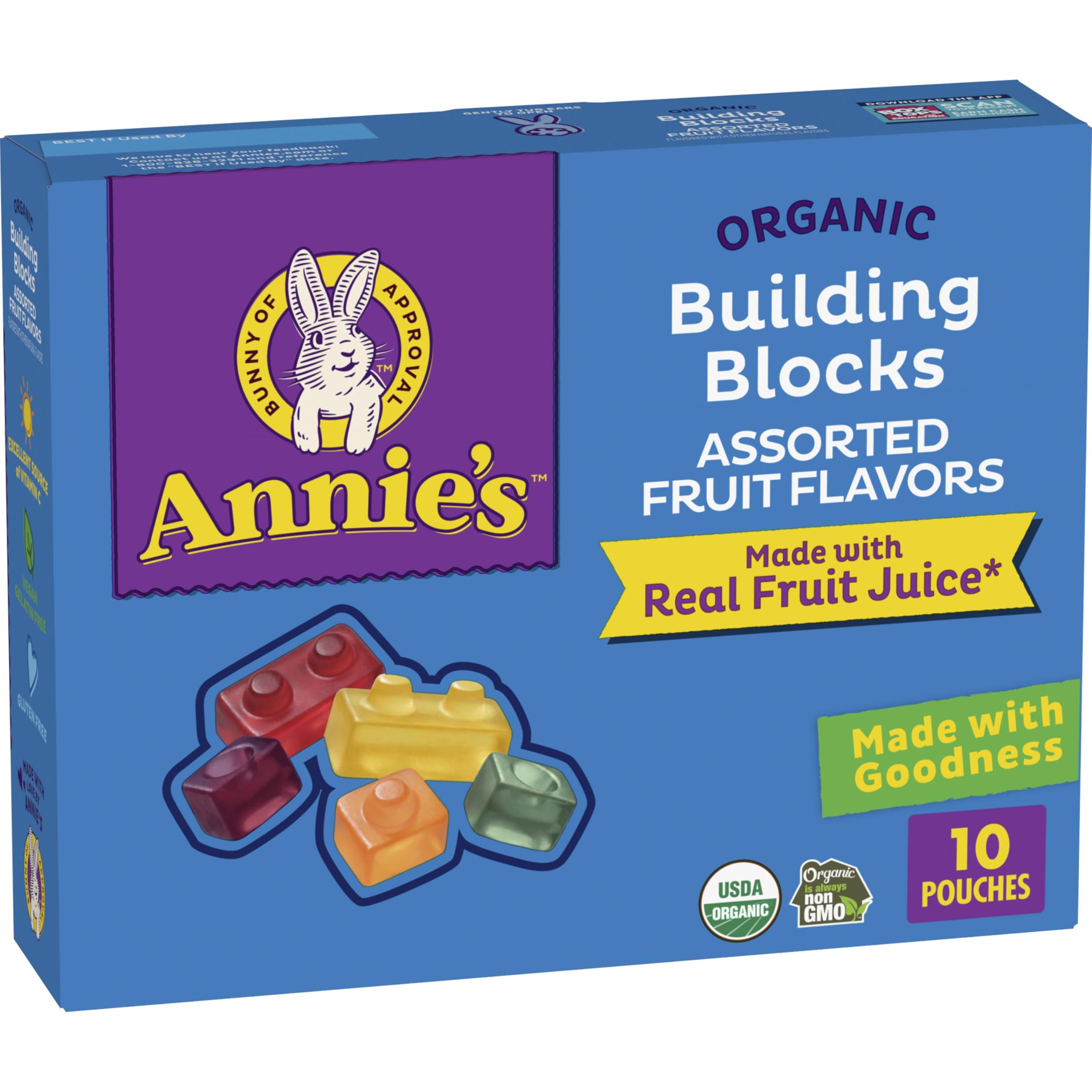 Annie's Organic Building Blocks gummies in assorted fruit flavors inside a 7 oz box.