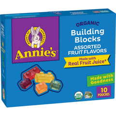 Annie's Organic Building Blocks gummies in assorted fruit flavors inside a 7 oz box.