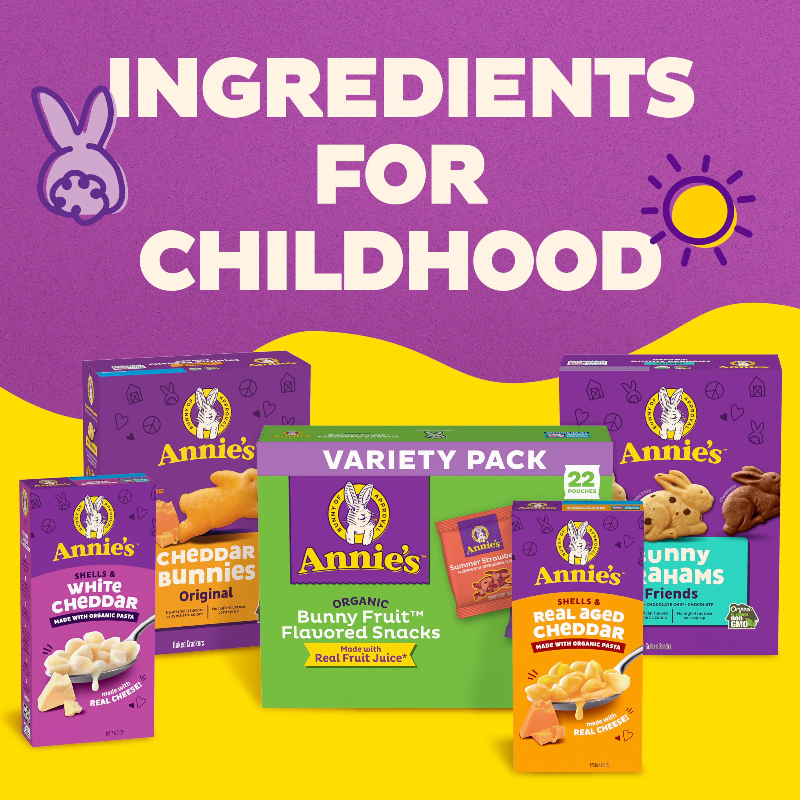 Annie's Organic Bunny Fruit Snacks grocery store display highlighting organic ingredients.