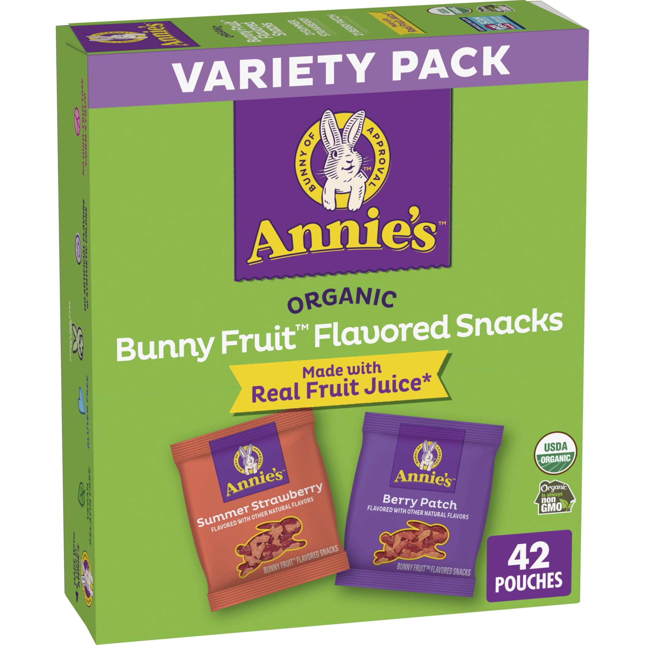 Annie's Organic Bunny Fruit Snacks Summer Strawberry pouch for lunchboxes on-the-go.