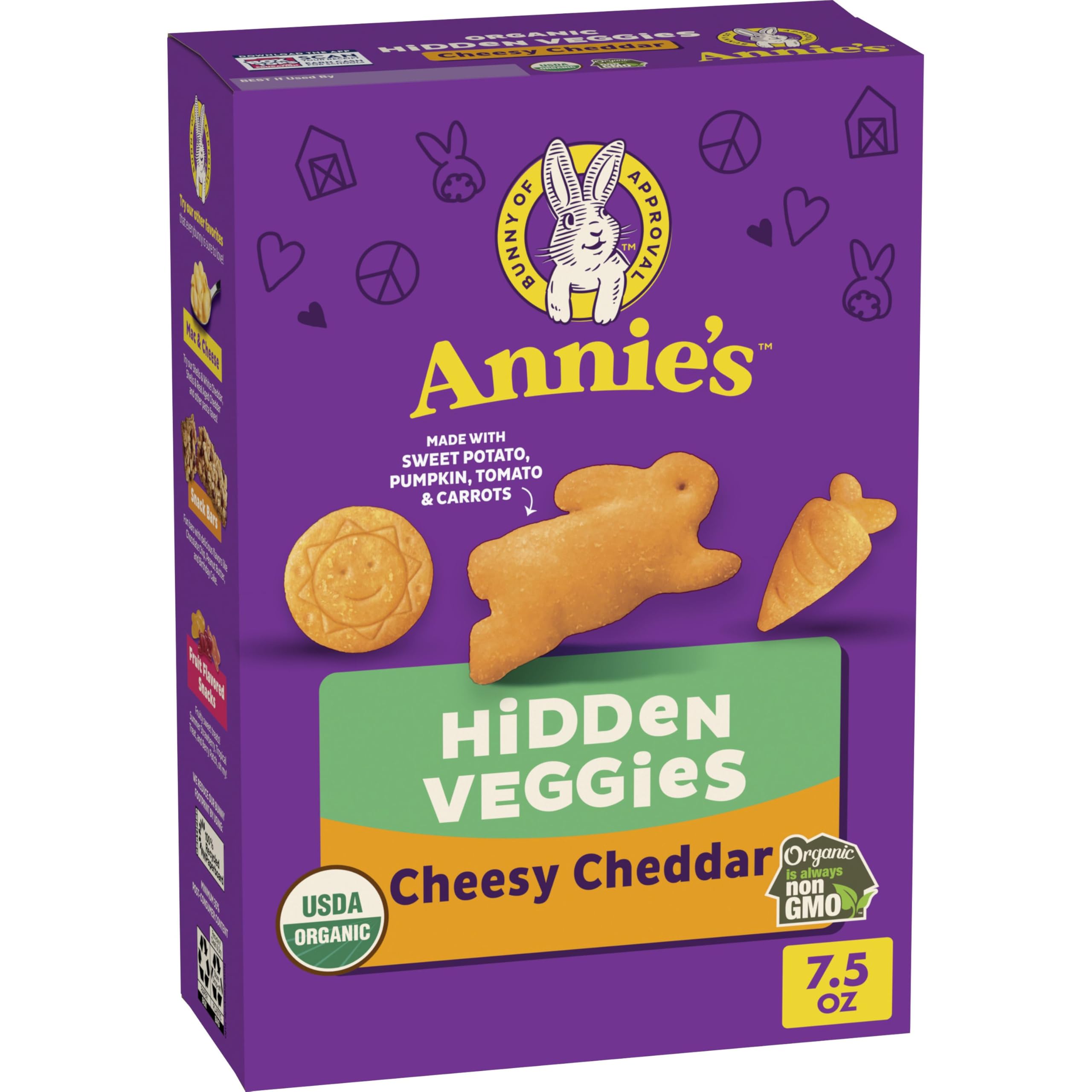 Annie's Organic Cheesy Cheddar Crackers with Hidden Veggies front box, ideal for on-the-go snacking.