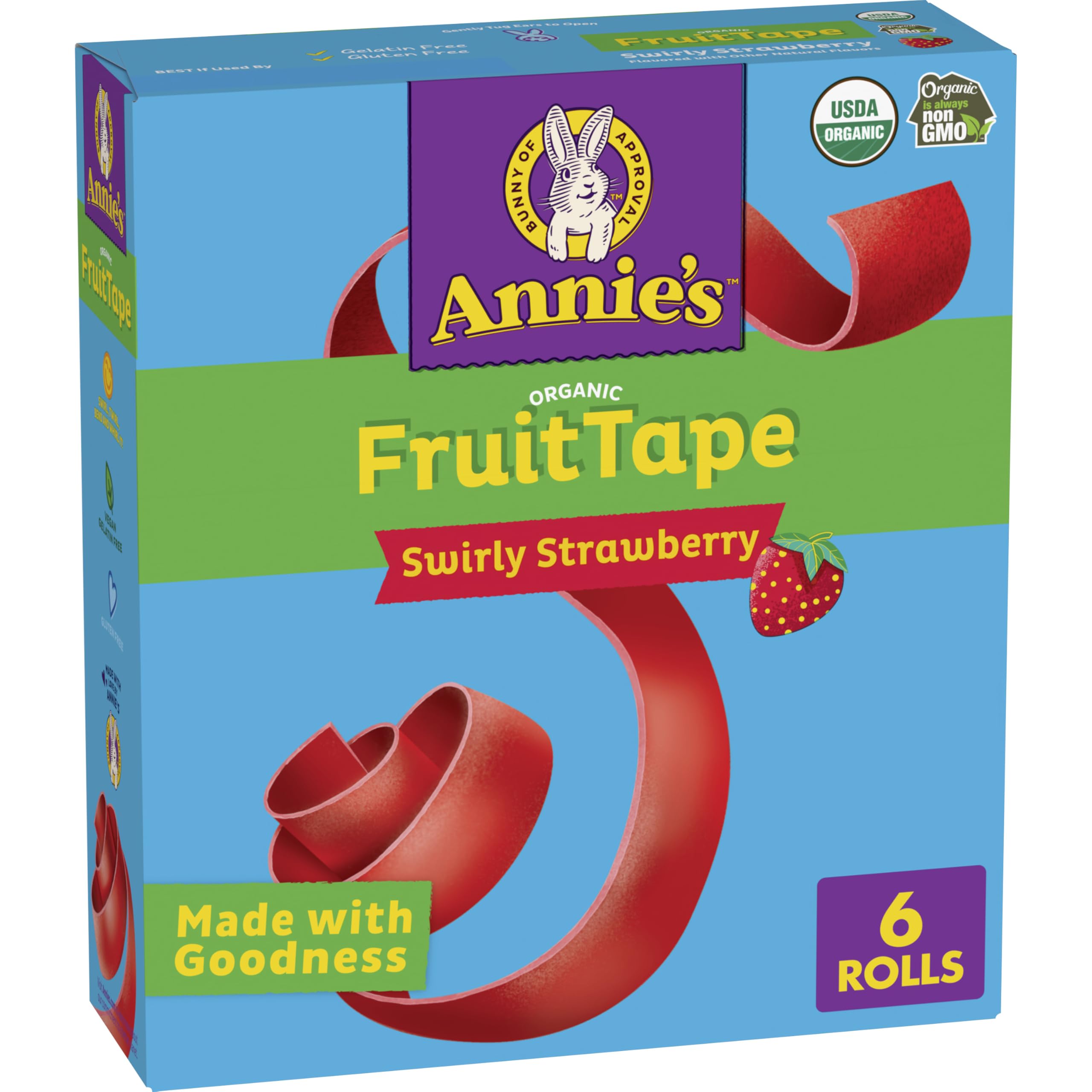 Annie's Organic Fruit Tape Swirly Strawberry rolls for lunchbox fun.