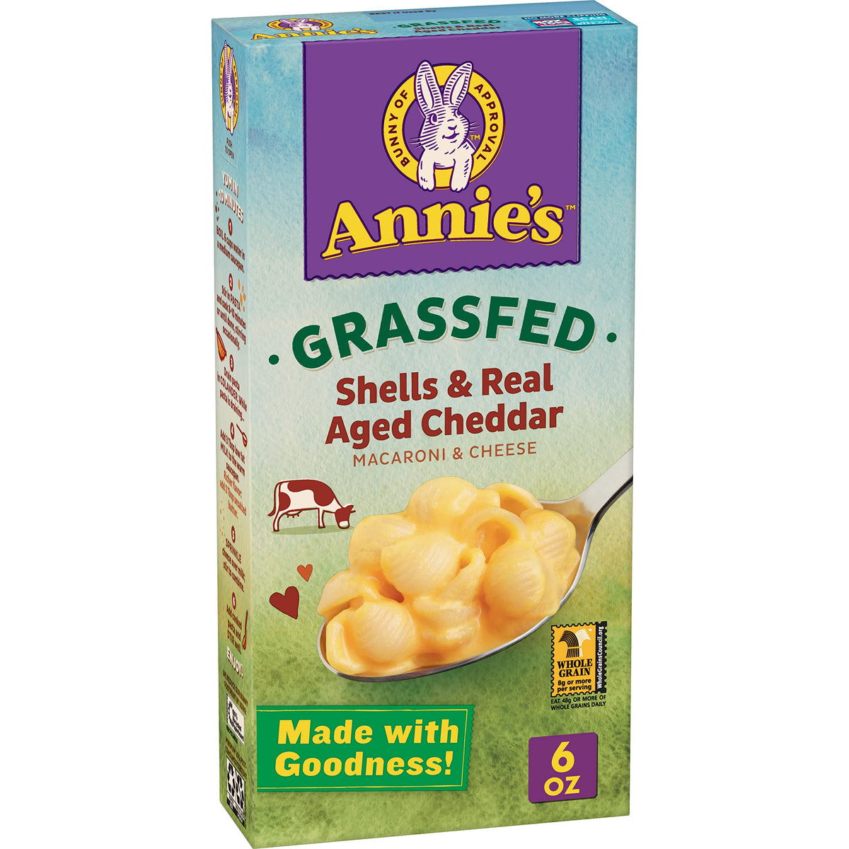 Annie's Organic Grass-Fed Shells packaging highlights real cheese for quick family meals.