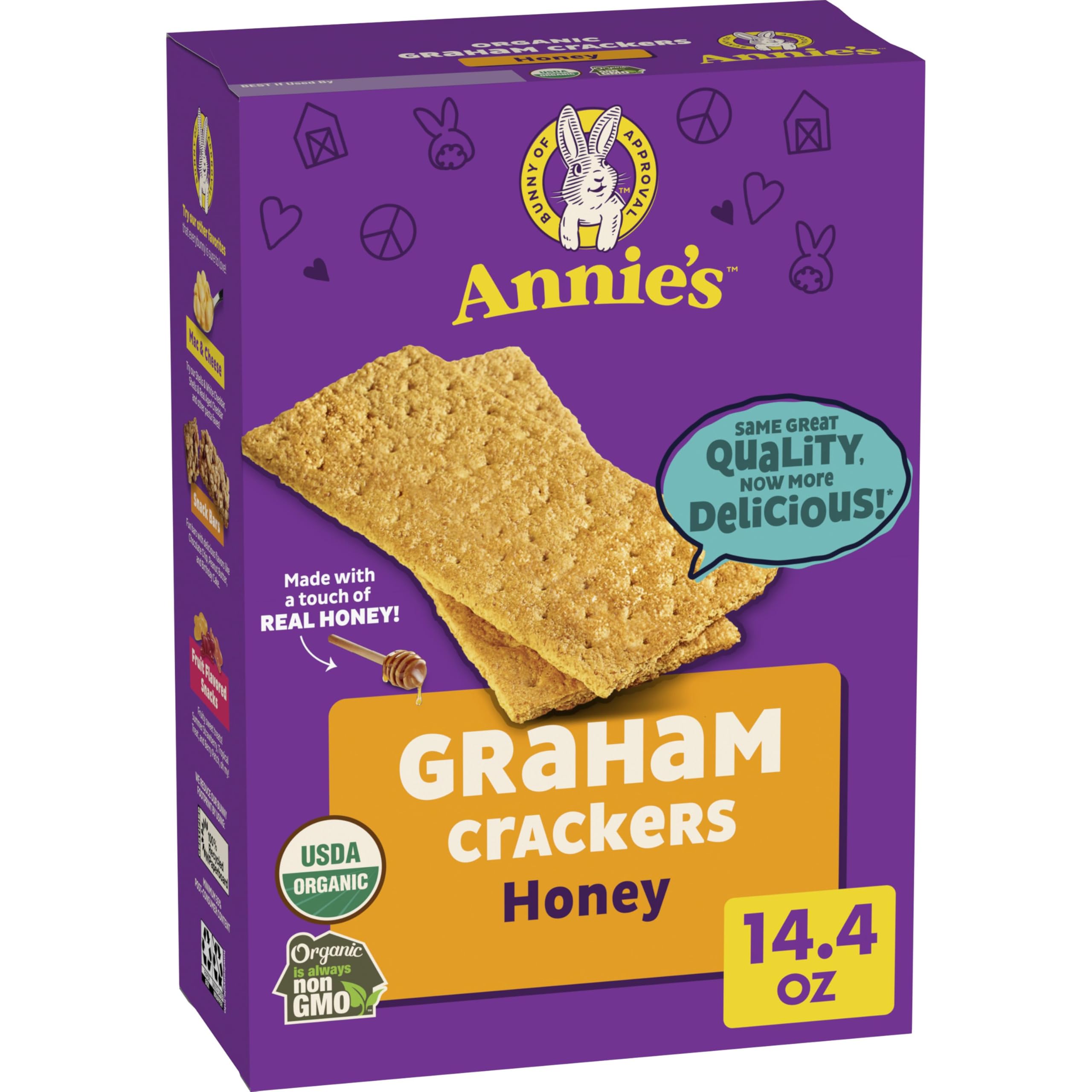 Annie's Organic Honey Graham Crackers box front, a wholesome organic snack option for lunchboxes