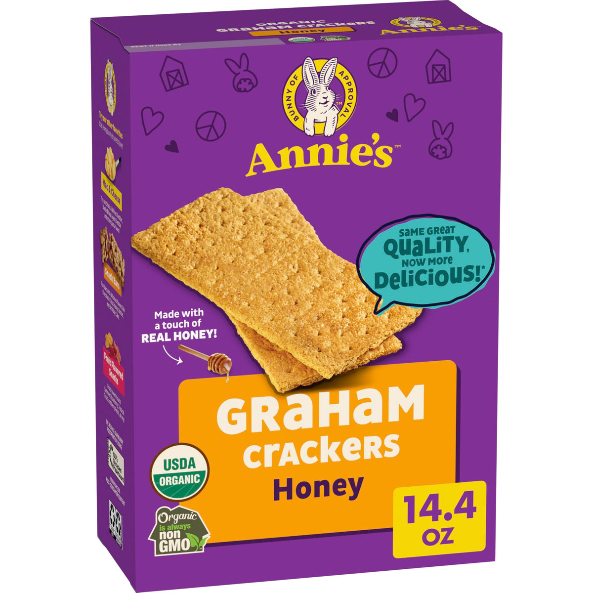 Annie's Organic Honey Graham Crackers box front, a wholesome organic snack option for lunchboxes