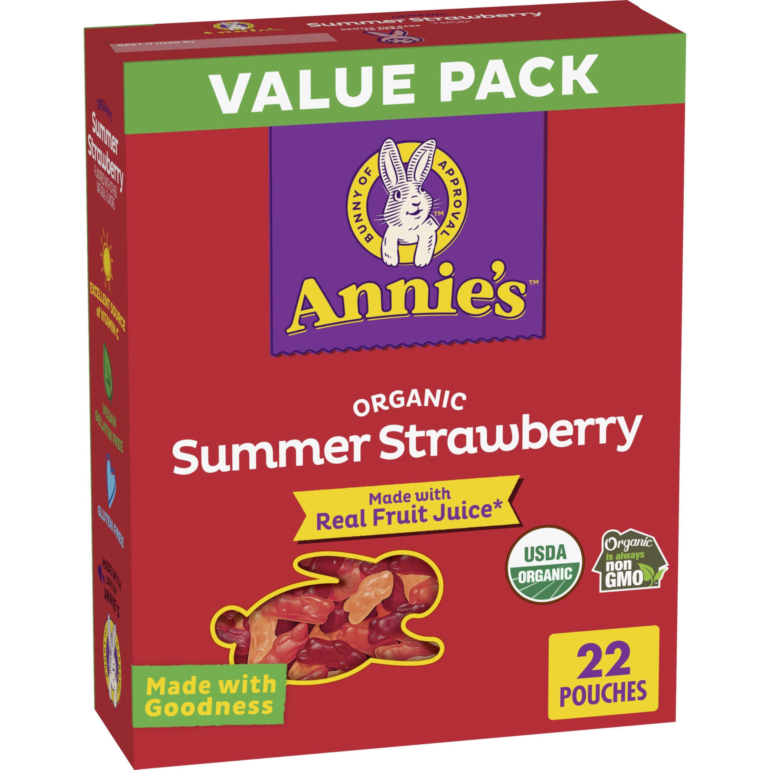 Annie's Organic Summer Strawberry Bunny Snacks pouch with real fruit flavor, ideal for lunchboxes.