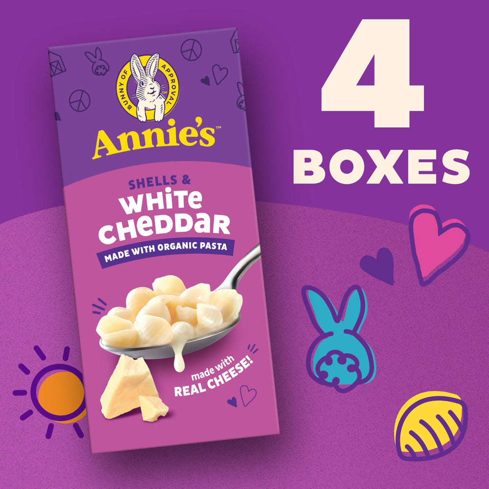 Annie's Shells and White Cheddar ingredients panel highlights real cheese and organic pasta.