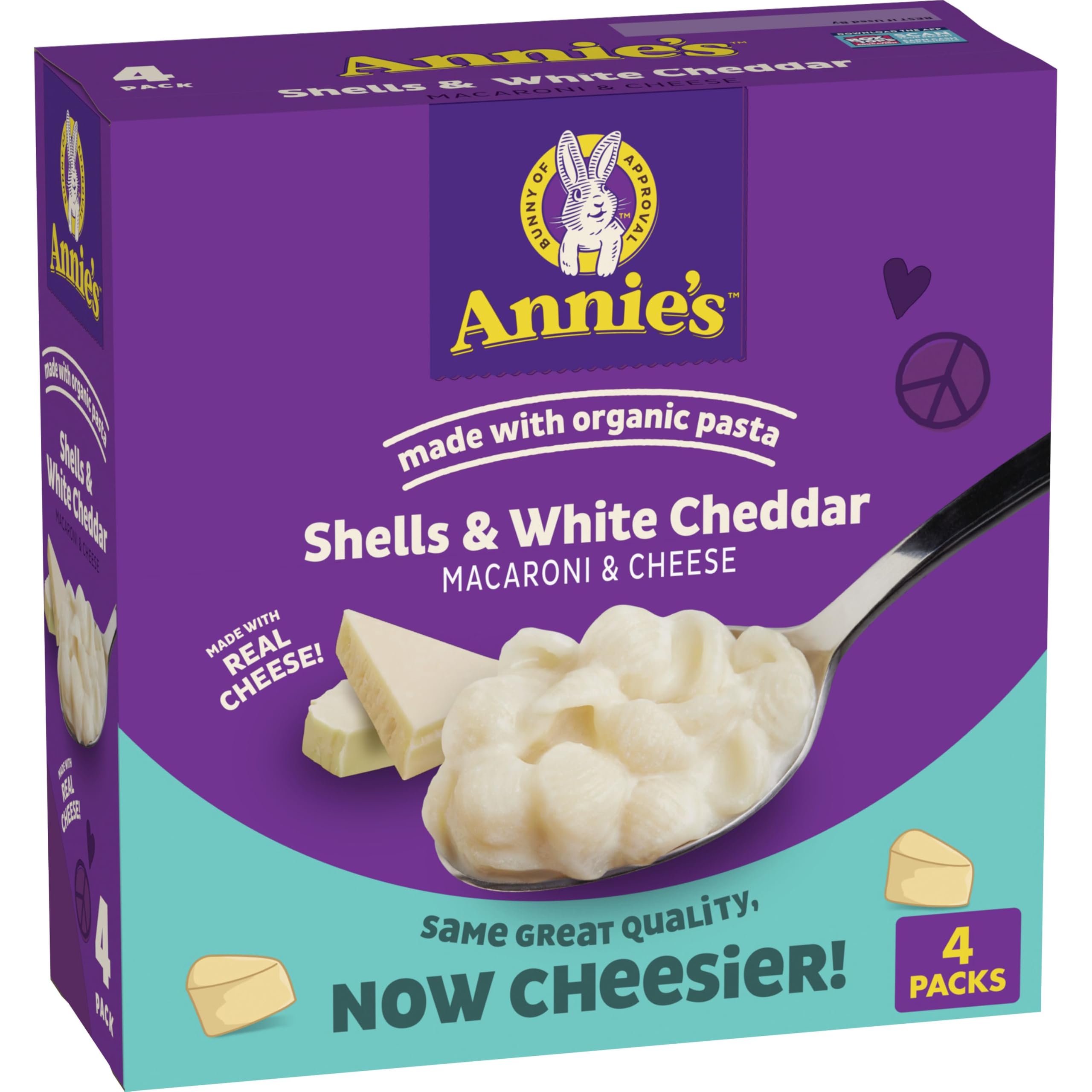 Annie's Shells and White Cheddar box front shows organic pasta for quick family meals.