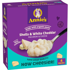 Annie's Shells and White Cheddar box front shows organic pasta for quick family meals.