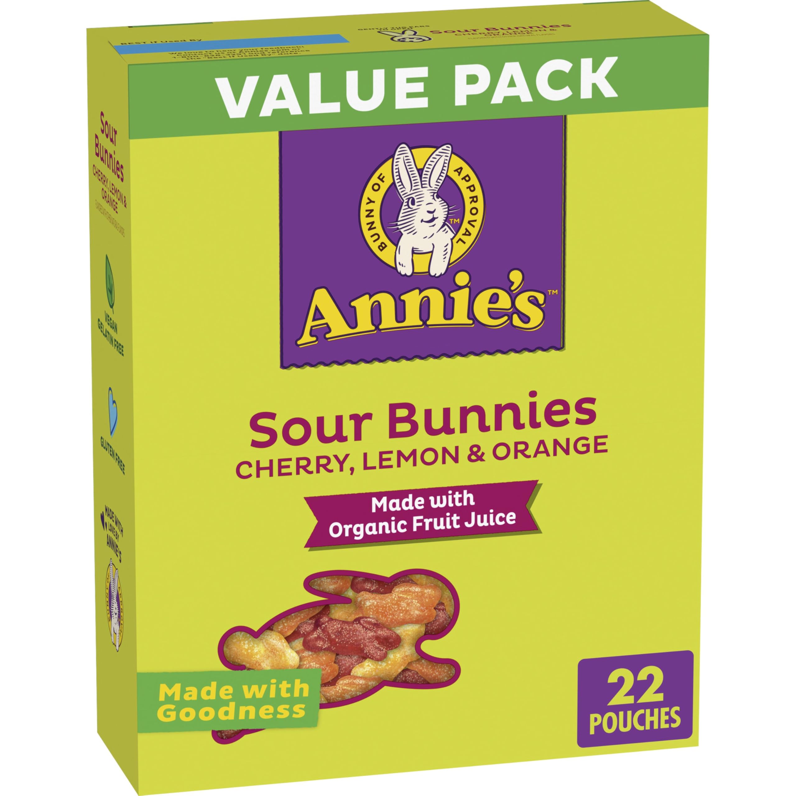 Annie's Sour Bunnies fruit snacks bunny close-up, perfect for lunchboxes.