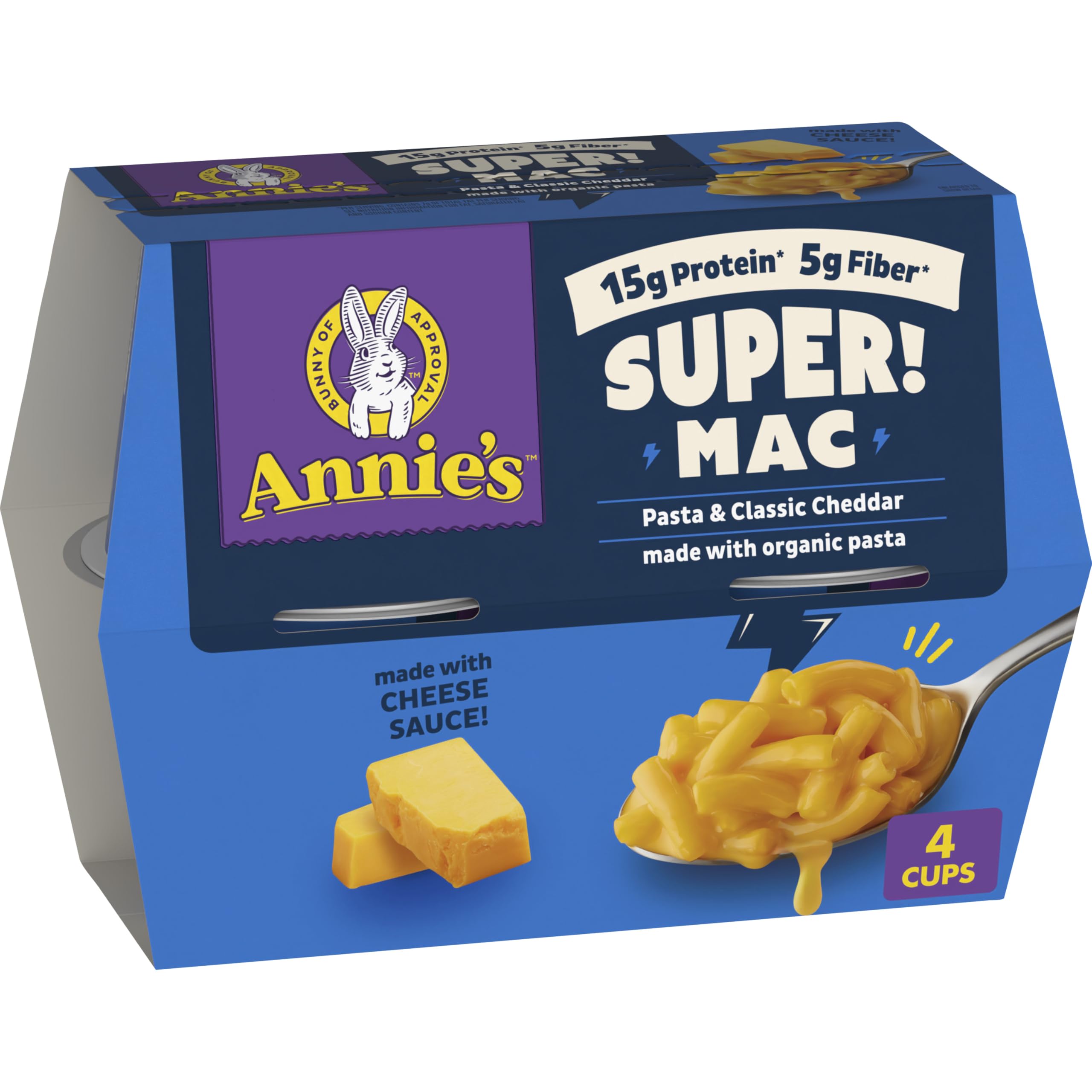 Annie's Super! Mac cup front view shows quick heat-and-serve convenience.
