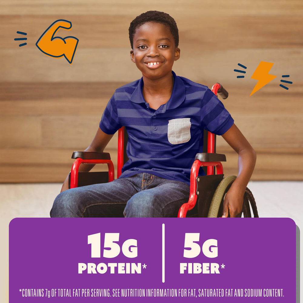 Nutrition badge highlights 15g protein and 5g fiber per serving.