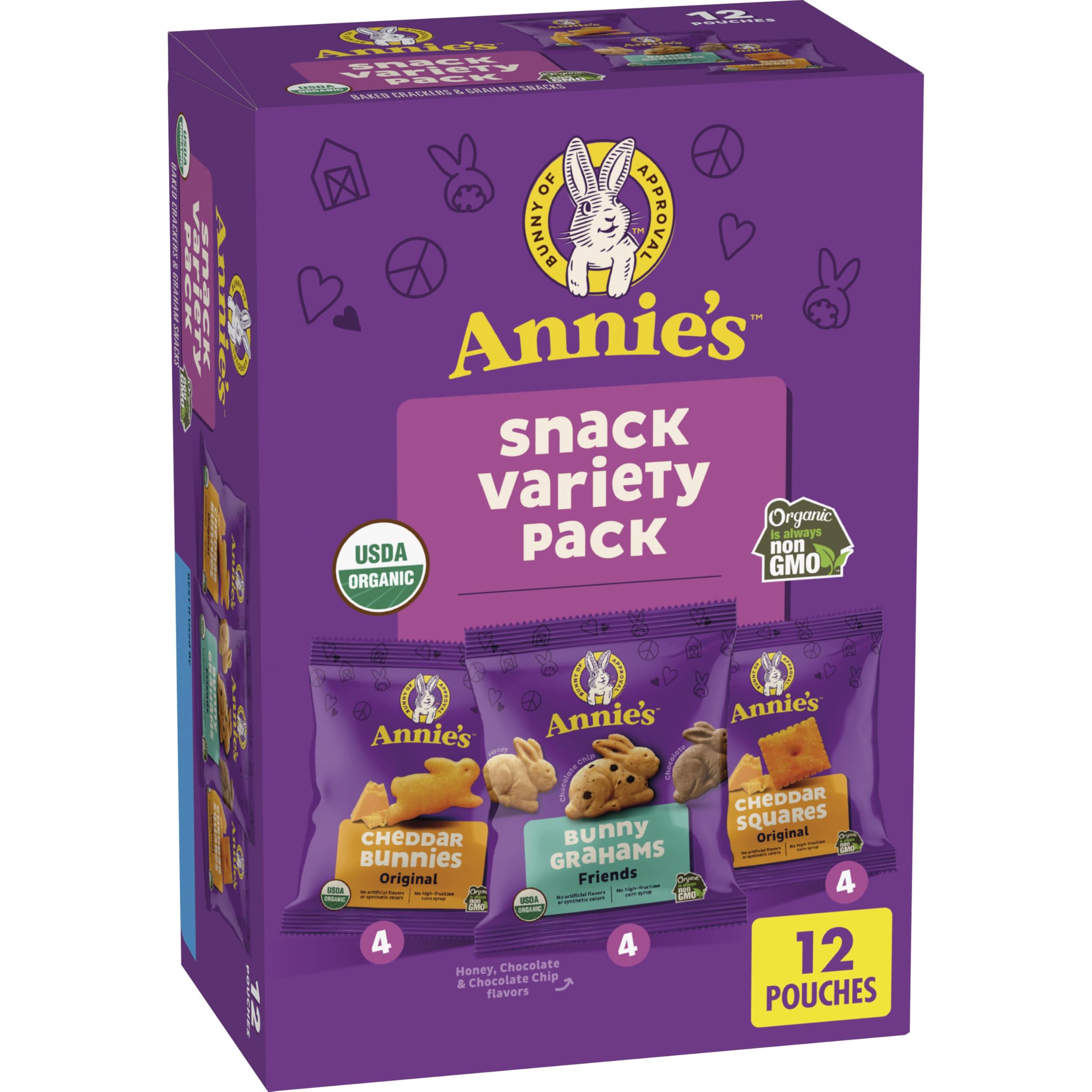 Annie's variety pack front packaging shows all three snacks for quick lunchbox planning