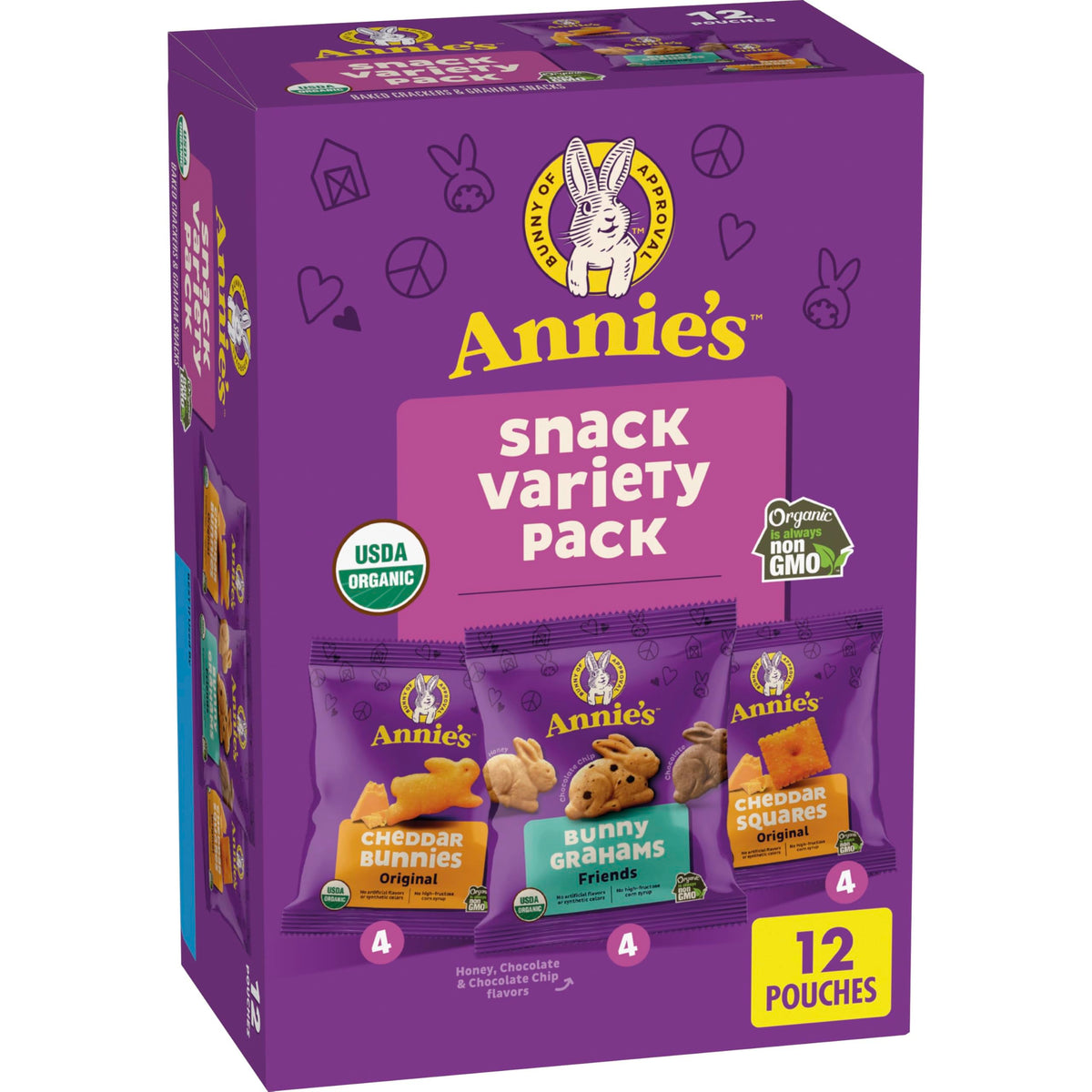 Annie's variety pack front packaging shows all three snacks for quick lunchbox planning