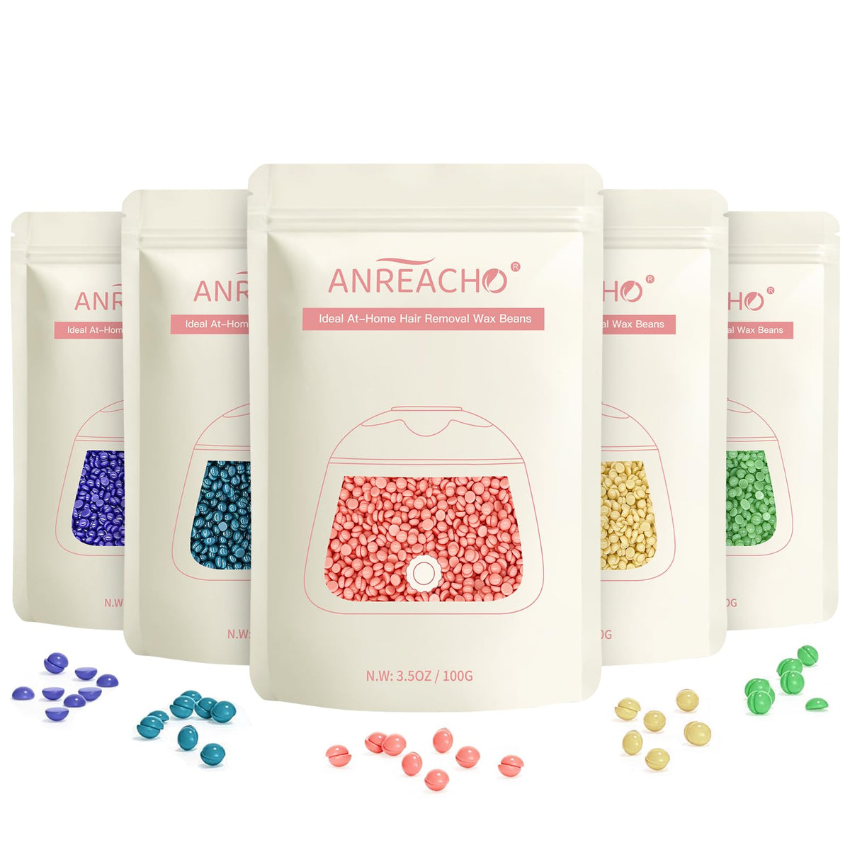ANREACHO wax beads in a colorful 5-color set for at-home hair removal.