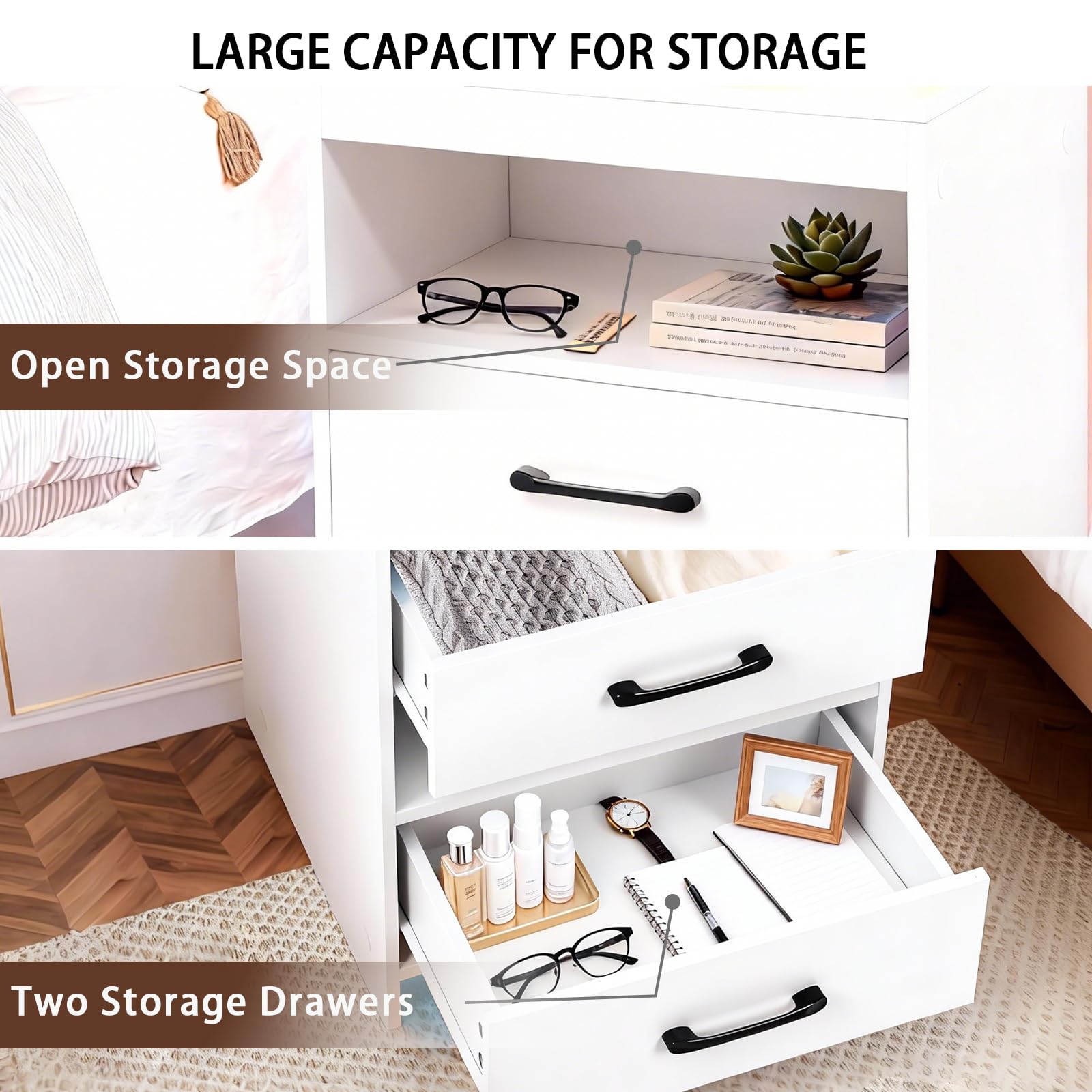 Ansefe nightstand two drawers open storage keeps essentials organized near bed