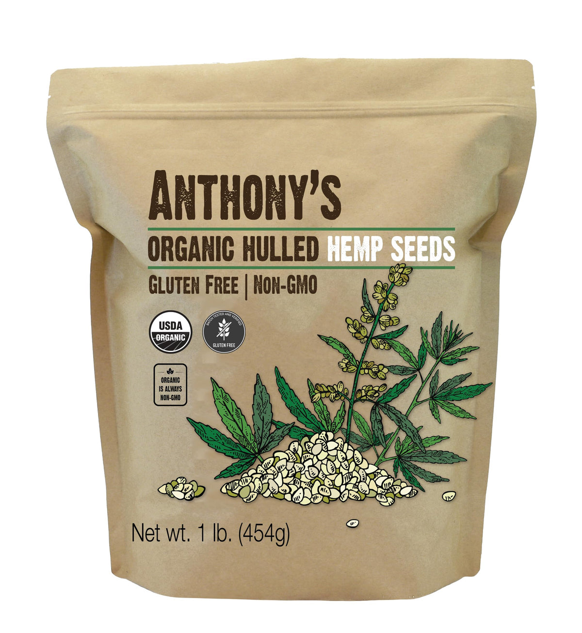 Anthony's Organic Hulled Hemp Seeds pack shot, a versatile pantry staple.
