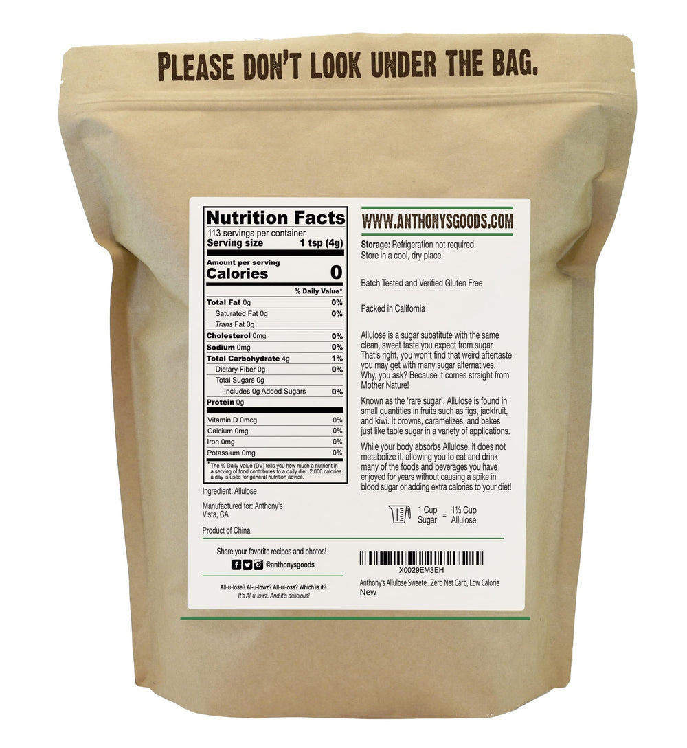 Anthony's Allulose granules close-up show fine texture ideal for precise measuring in low-carb cooking.