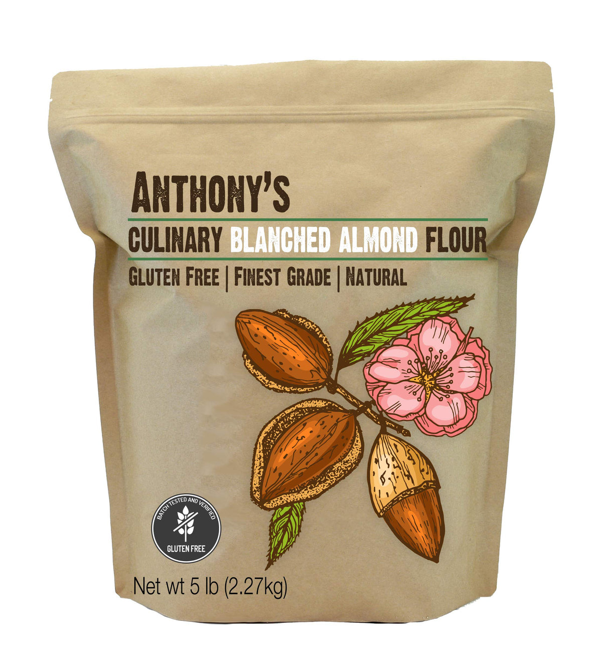 Anthony's blanched almond flour bag, 5 lb, ideal for gluten-free baking.