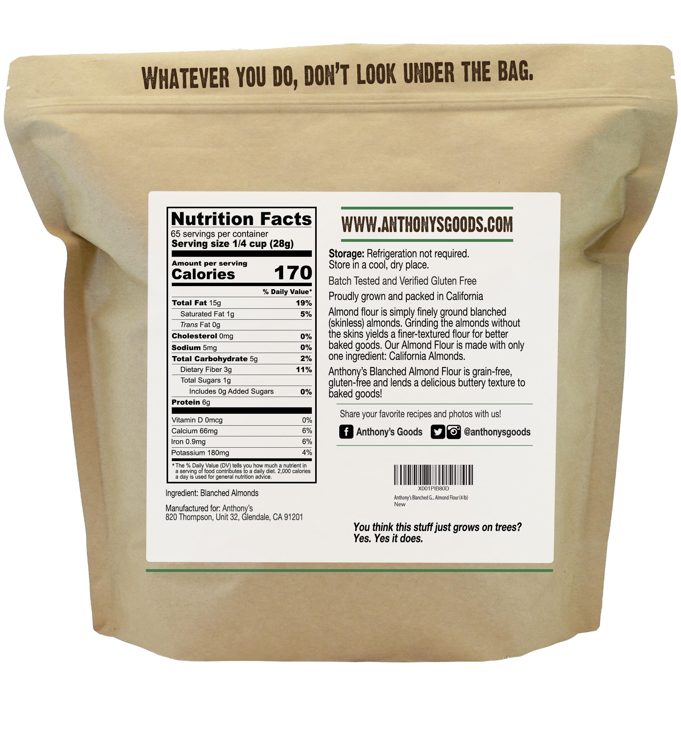 Anthony's Blanched Almond Flour packaging close-up emphasizes vegan and gluten-free qualities.