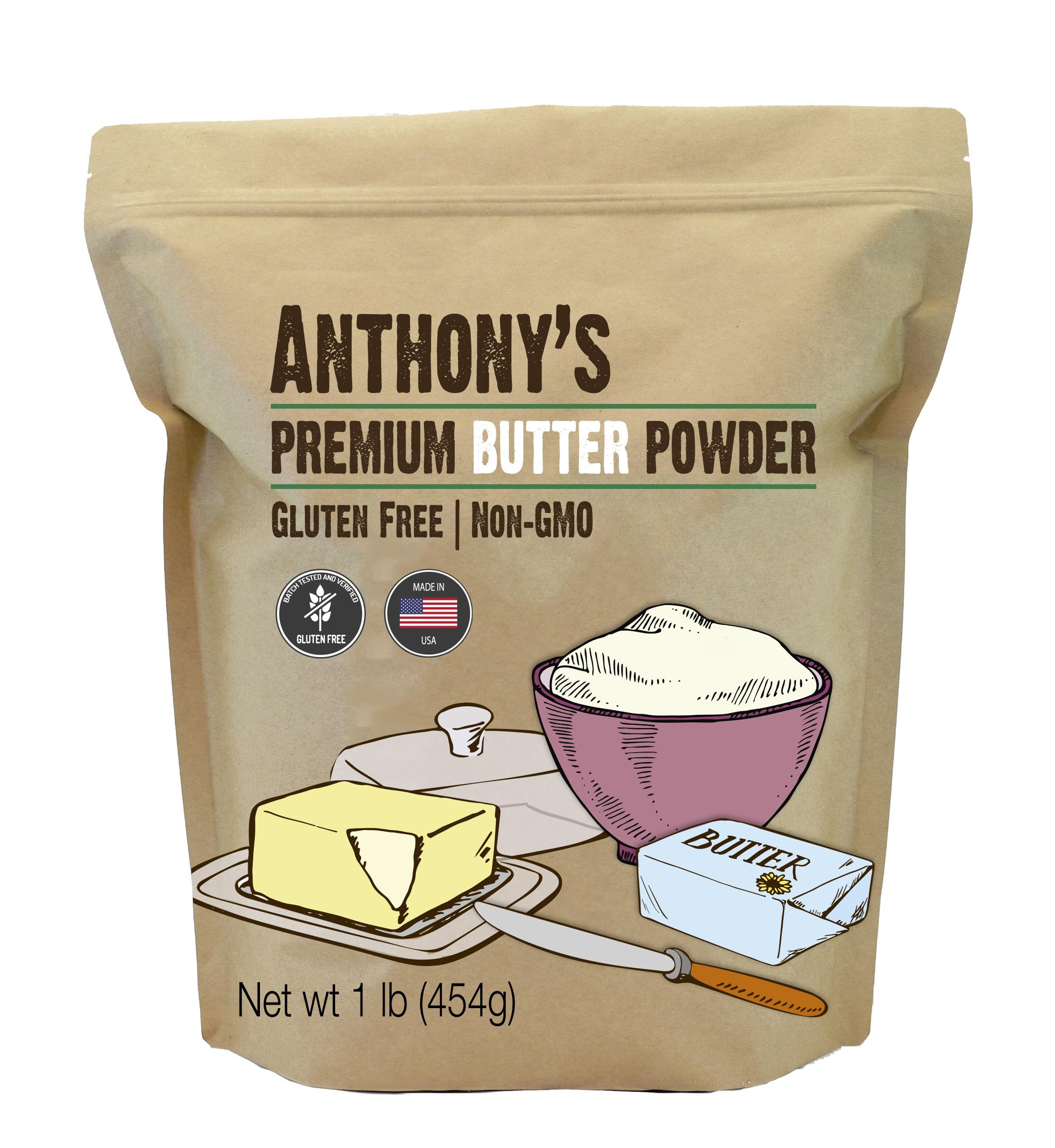 Anthony's Butter Powder front label shows gluten free, non-GMO quality for everyday cooking