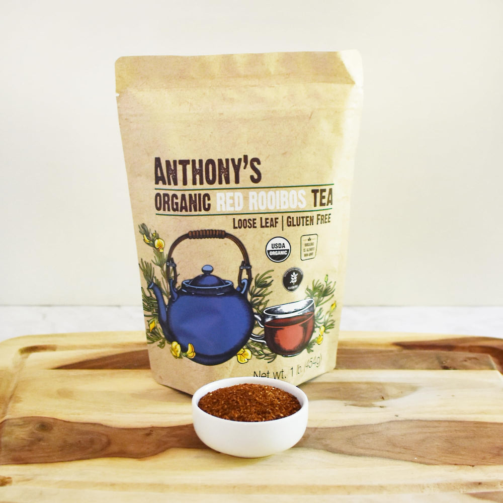 Anthony's glass tea jar filled with red rooibos leaves ready for a fresh brew.