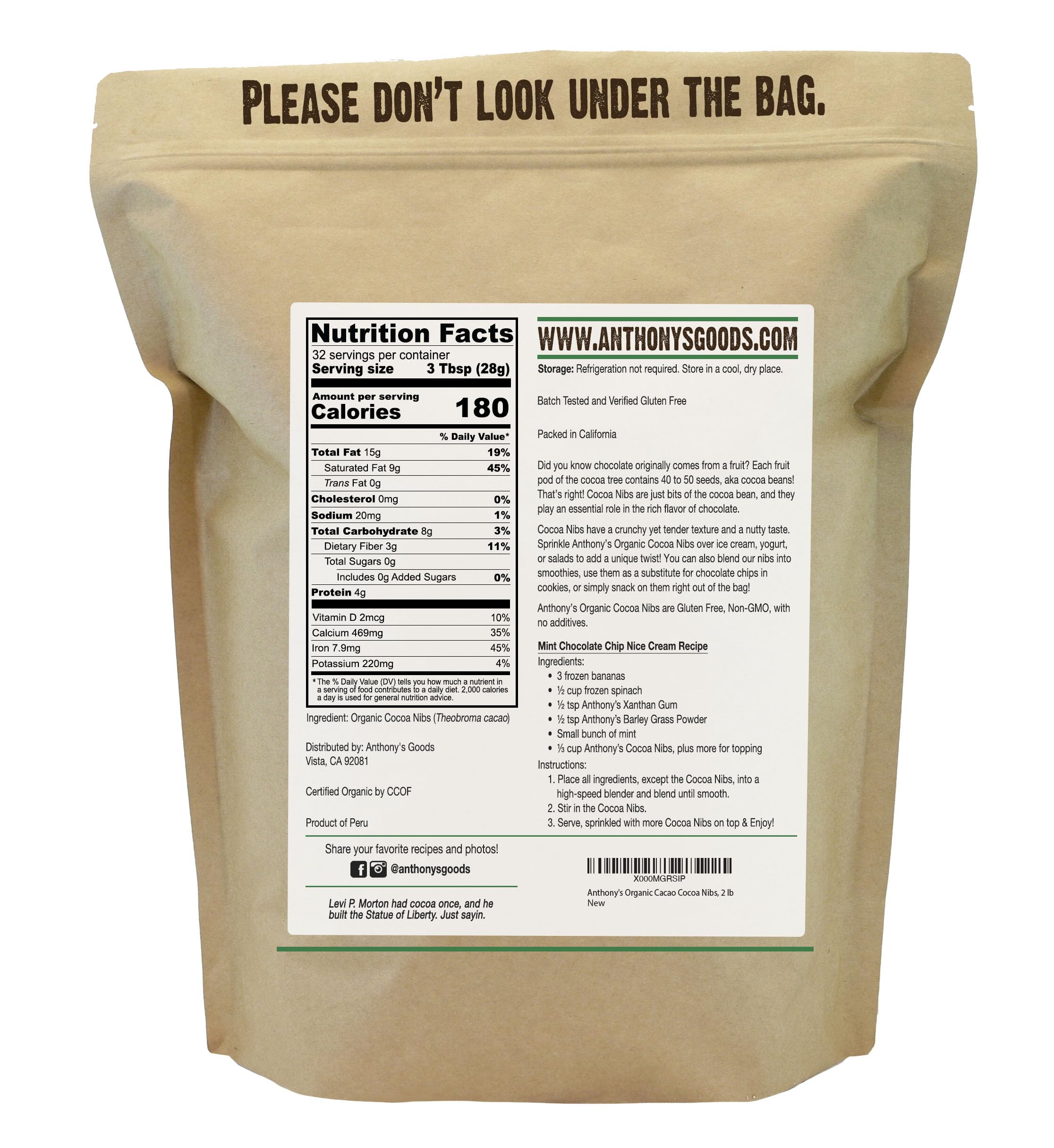 Anthony's Organic Cacao Nibs bag back label showing ingredients and gluten-free verification.