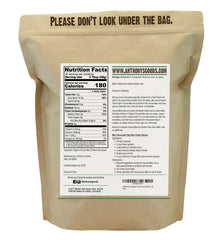 Anthony's Organic Cacao Nibs bag back label showing ingredients and gluten-free verification.