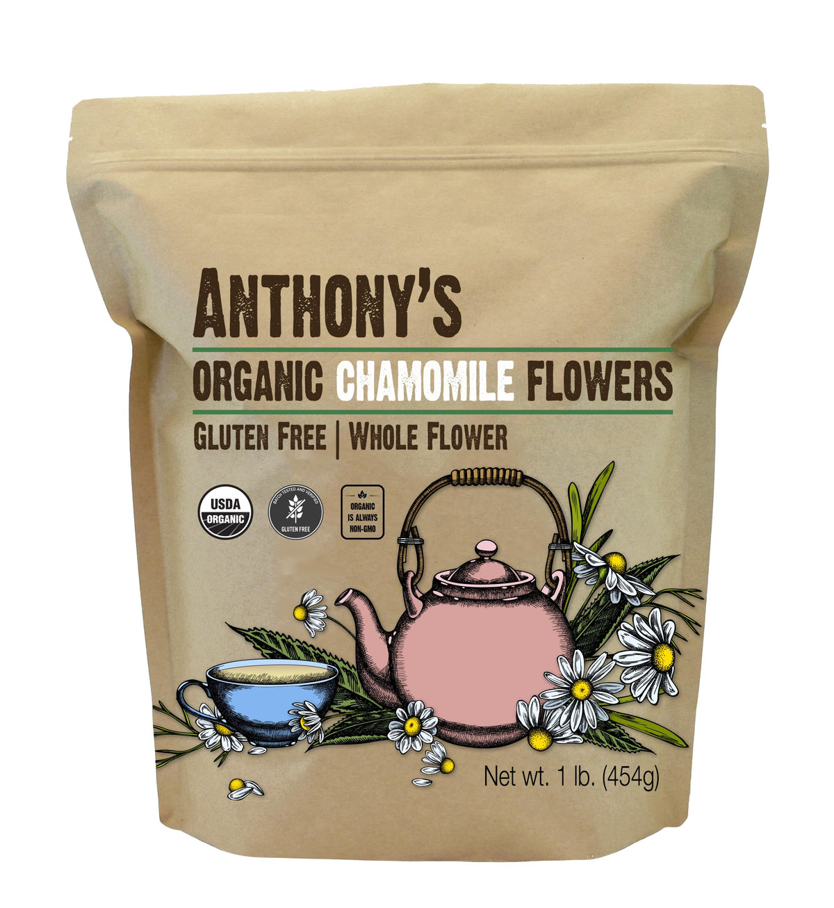 Anthony's organic chamomile flowers loose-leaf for soothing tea and aroma.