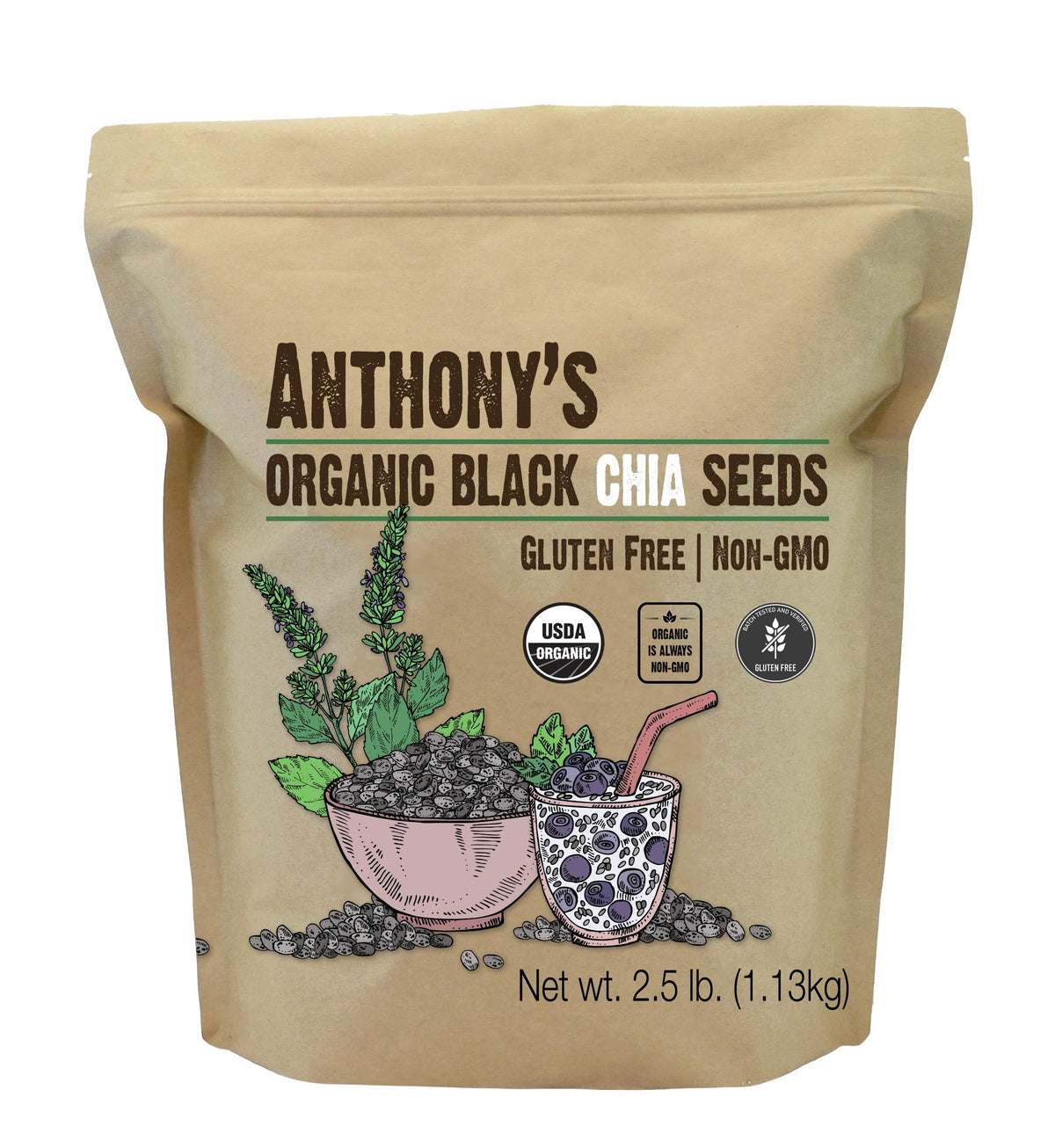 Anthony's Organic Chia Seeds bag front with gluten free suitability for versatile meals