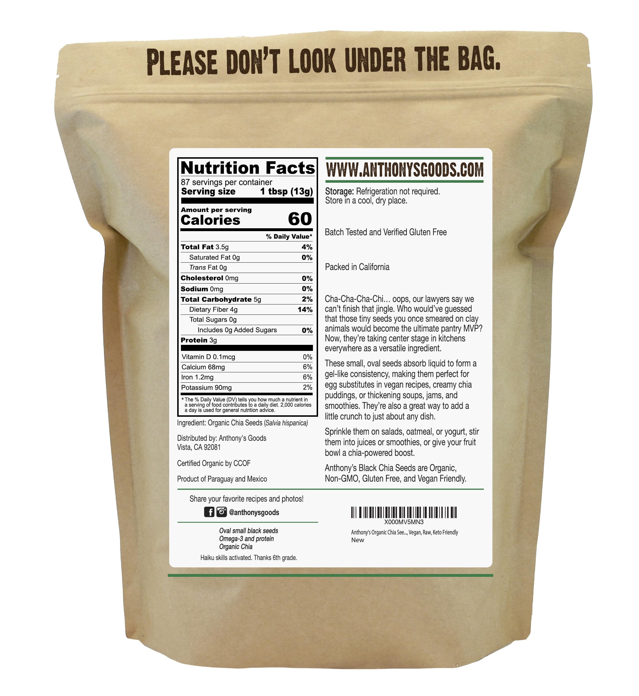 Anthony's Organic Chia Seeds label with gluten free badge for gluten sensitive cooks