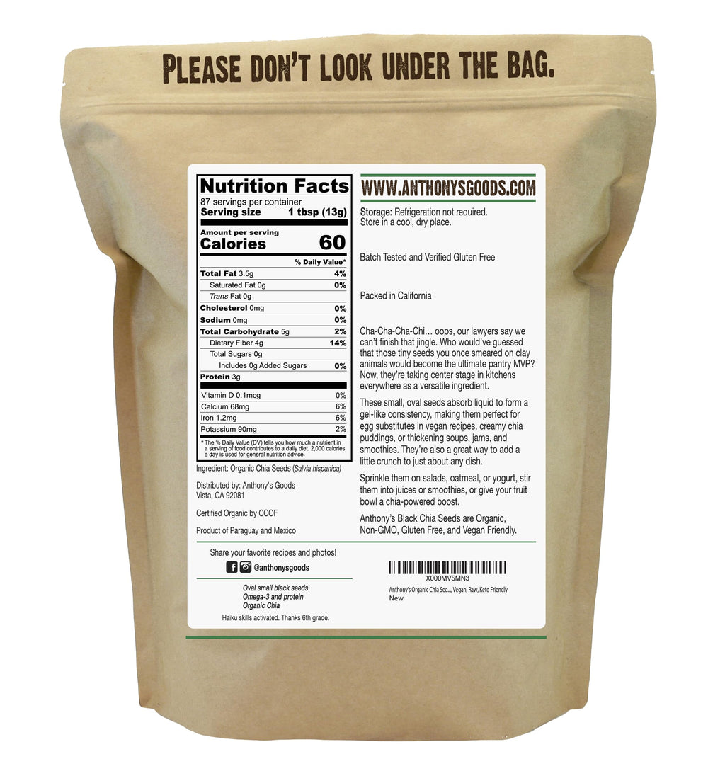 Anthony's Organic Chia Seeds label with gluten free badge for gluten sensitive cooks