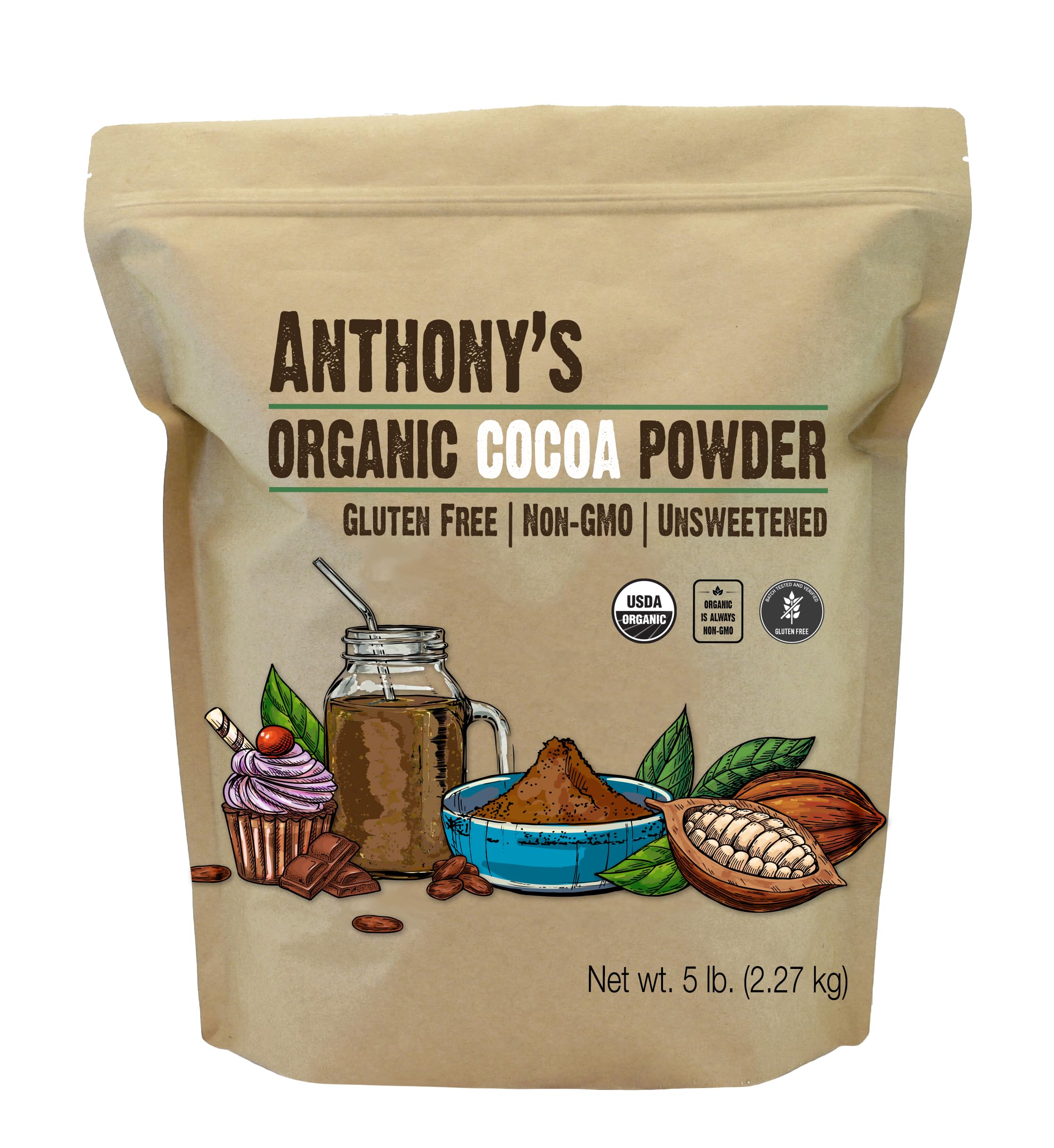 Anthony's Organic Cocoa Powder canister front view for baking flavor