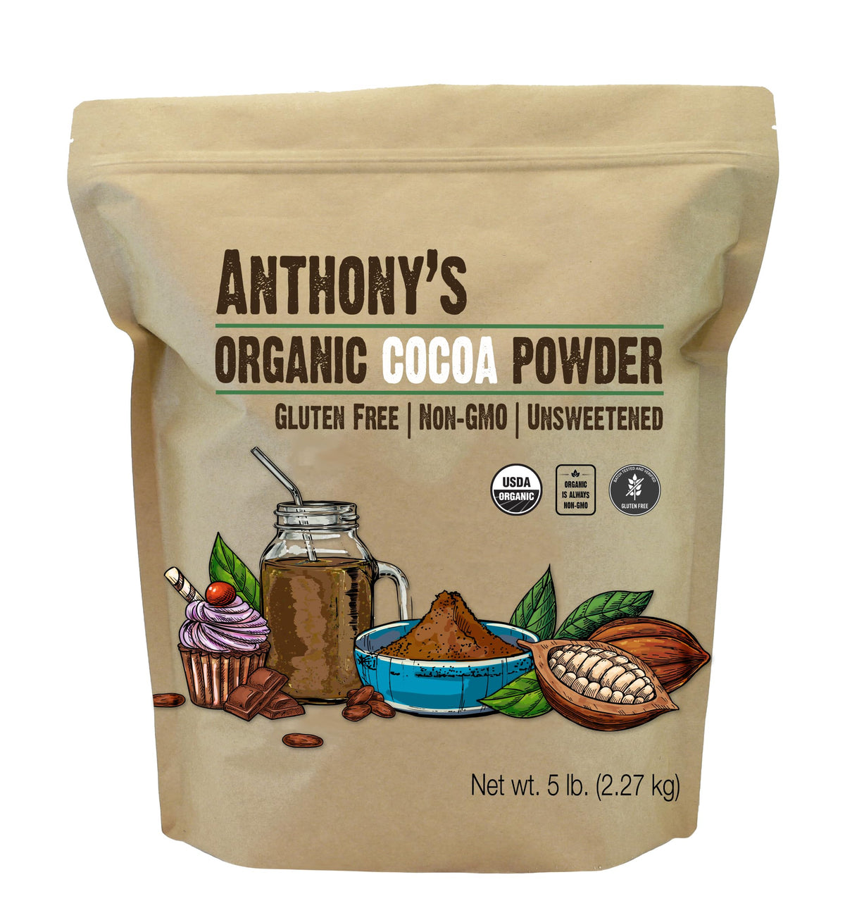 Anthony's Organic Cocoa Powder canister front view for baking flavor