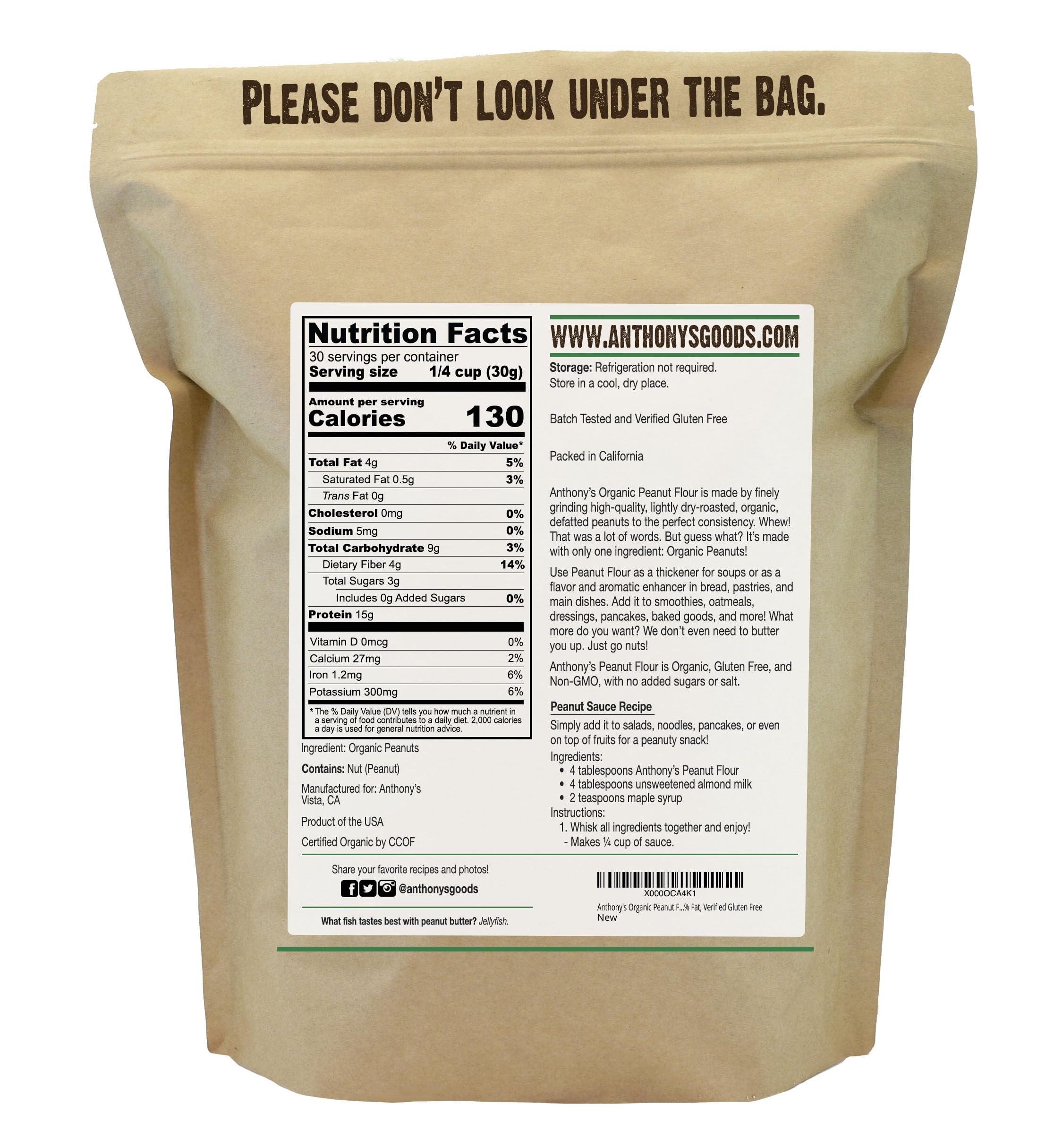 Anthony's Organic Peanut Flour bag with scoop highlights versatile gluten-free baking.