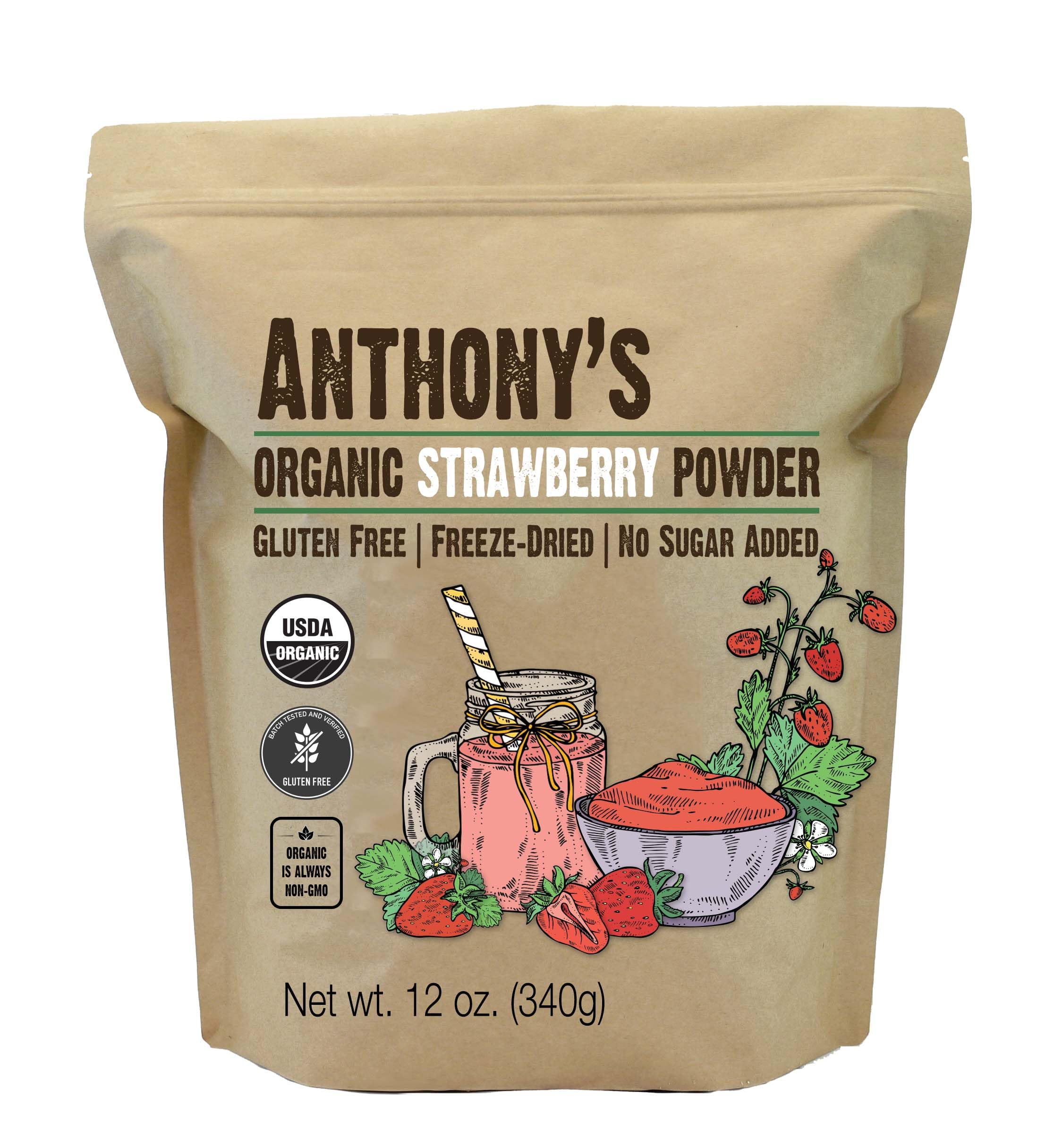 Anthony's Organic Strawberry Powder bottle showcases gluten-free, no sugar added convenience.
