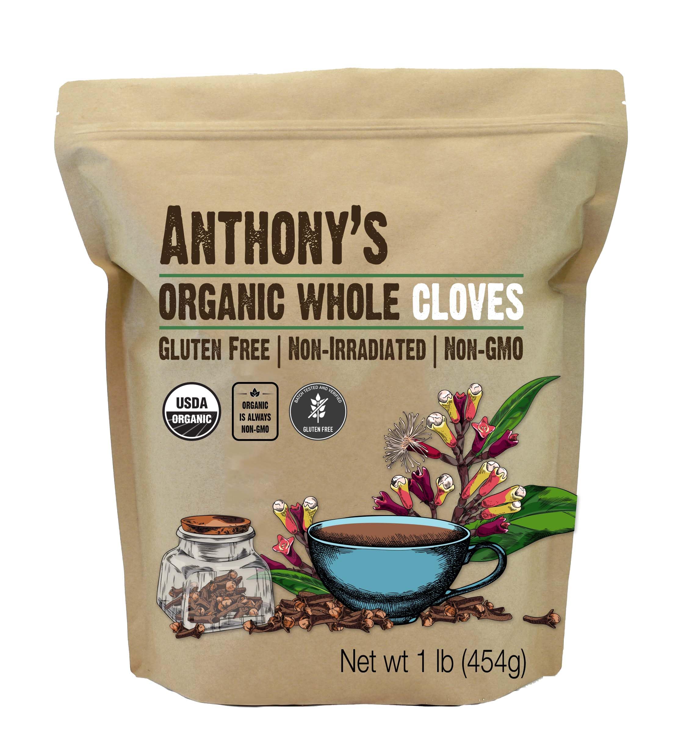 Anthony's Organic Whole Cloves bottle showing premium spice for blends and teas