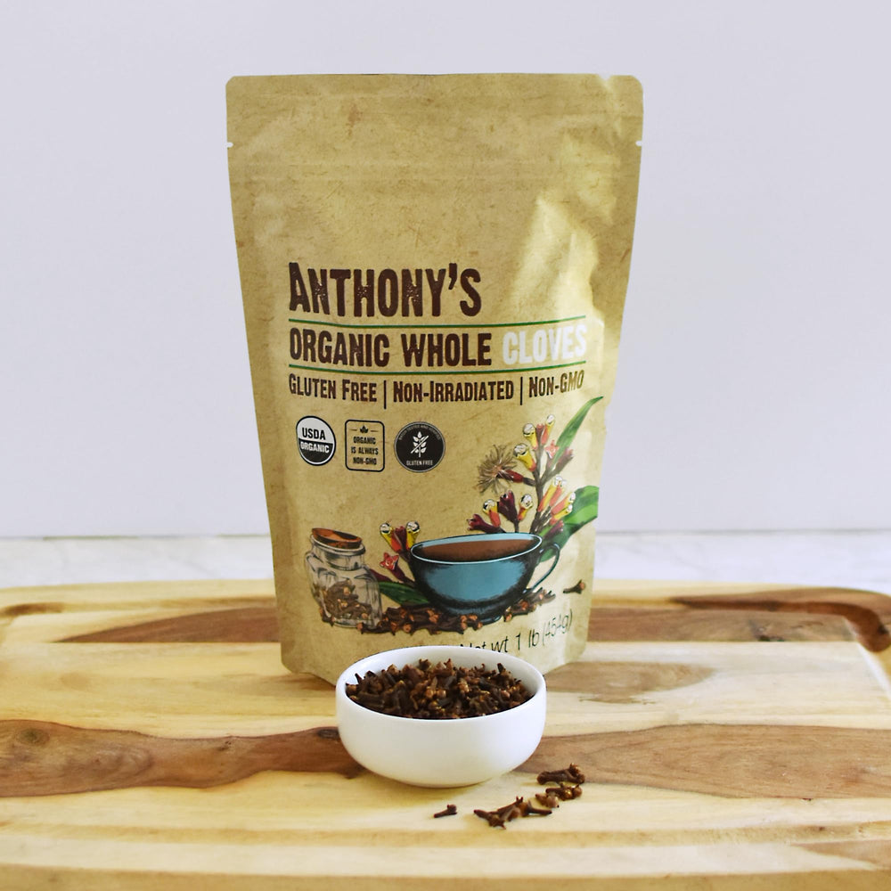 Anthony's Organic Whole Cloves jar scene illustrating non-irradiated, gluten-free spice for gluten-free recipes