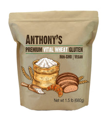 Anthony's Vital Wheat Gluten bag being poured, signaling protein-rich baking versatility.